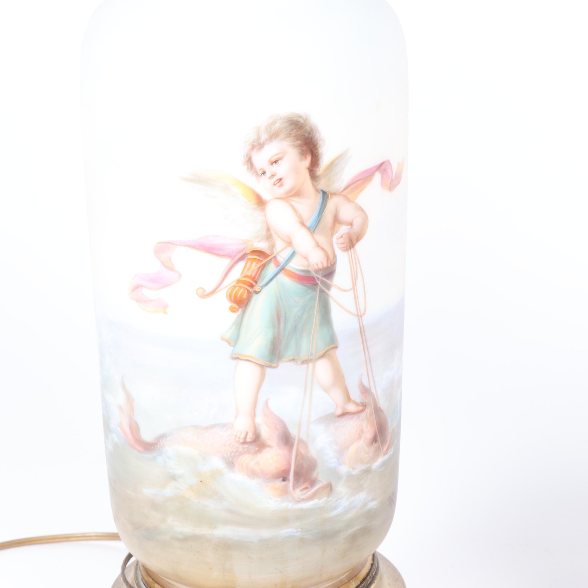 Hand-Painted Glass Table Lamps with Putti Portraits