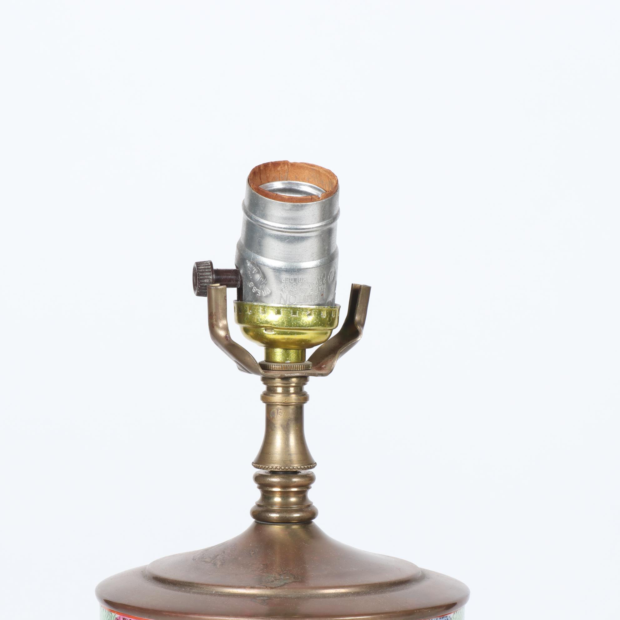 Chinoiserie Hand Decorated Porcelain Cylindrical Table Lamps with Wooden Bases