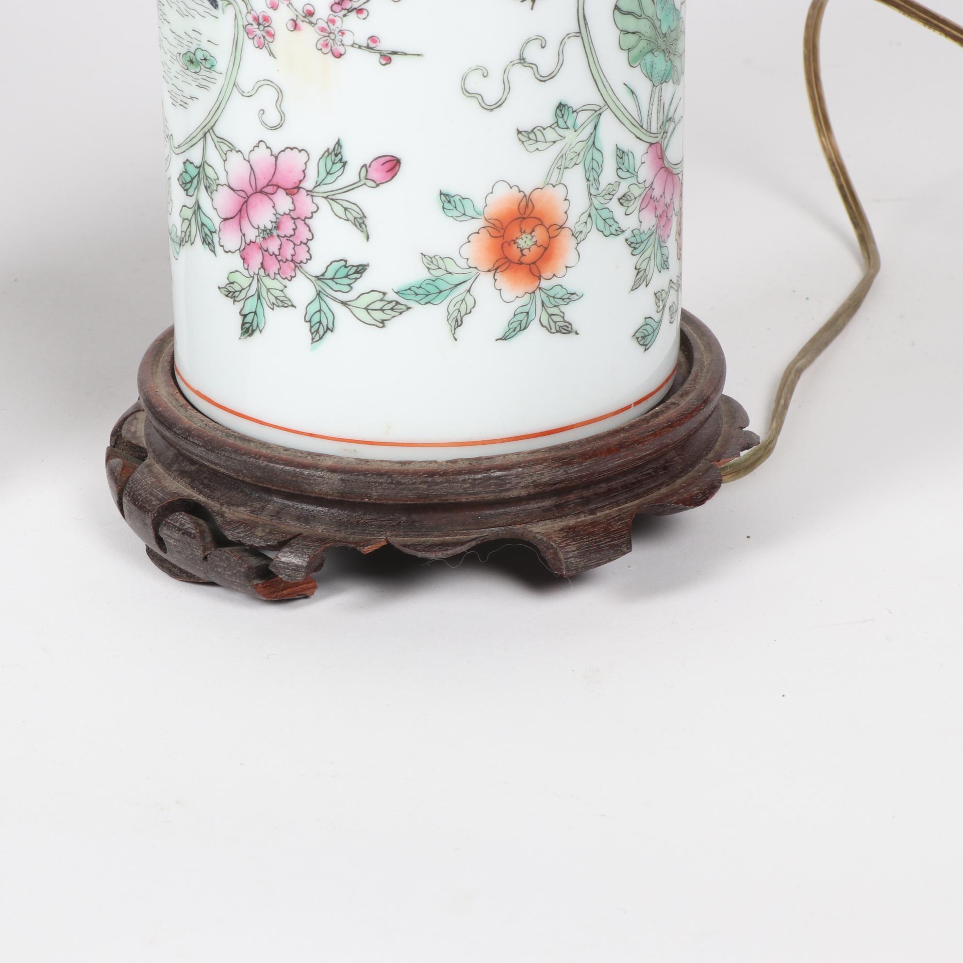 Chinoiserie Hand Decorated Porcelain Cylindrical Table Lamps with Wooden Bases