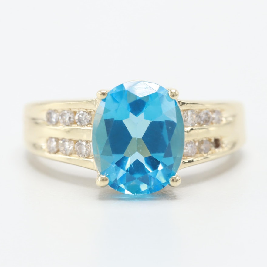 14K Yellow Gold Blue Topaz and Diamond Ring