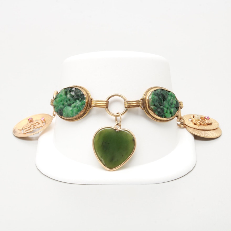 Vintage Gold Tone Nephrite Bracelet with 14K Yellow Gold and Gemstone Charms