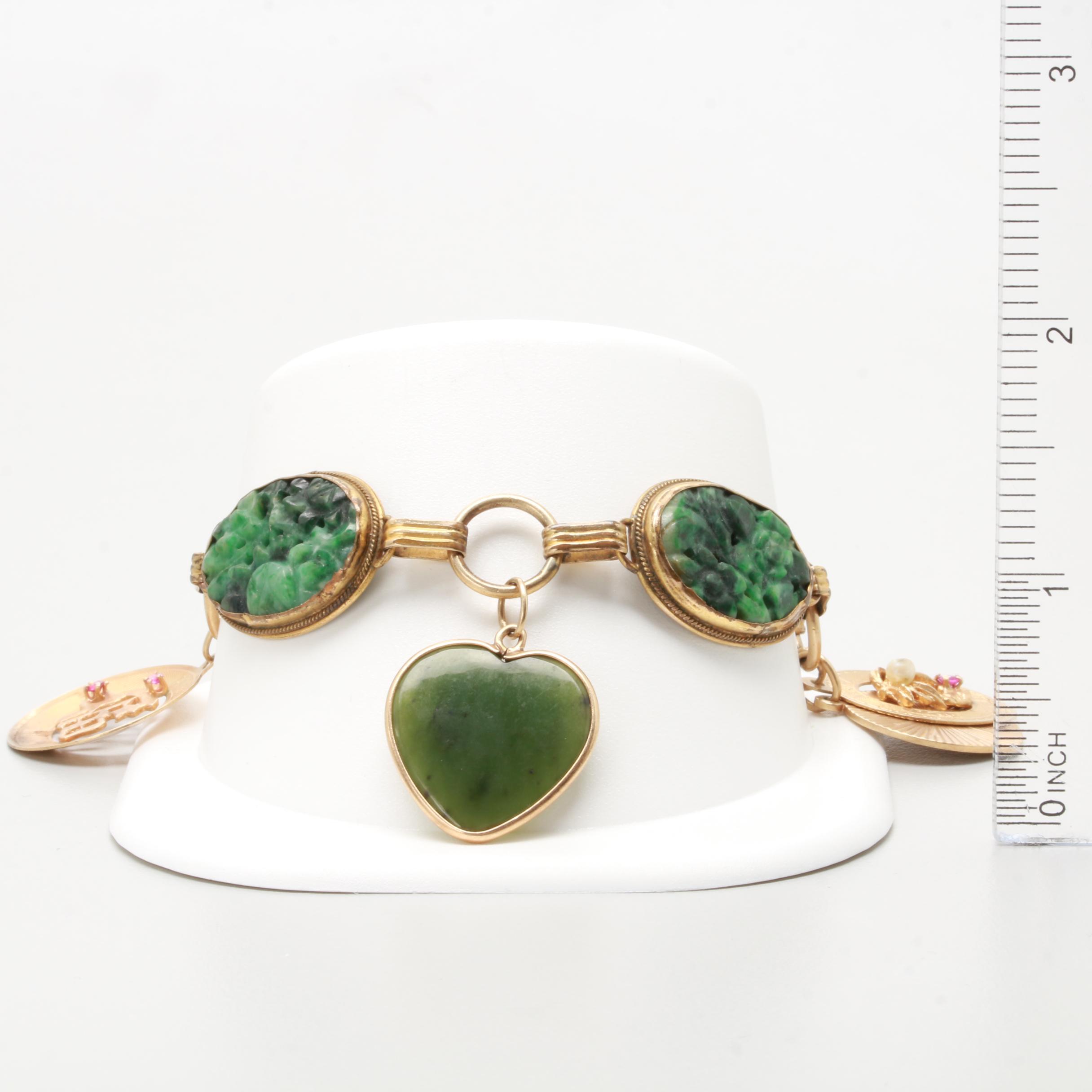 Vintage Gold Tone Nephrite Bracelet with 14K Yellow Gold and Gemstone Charms