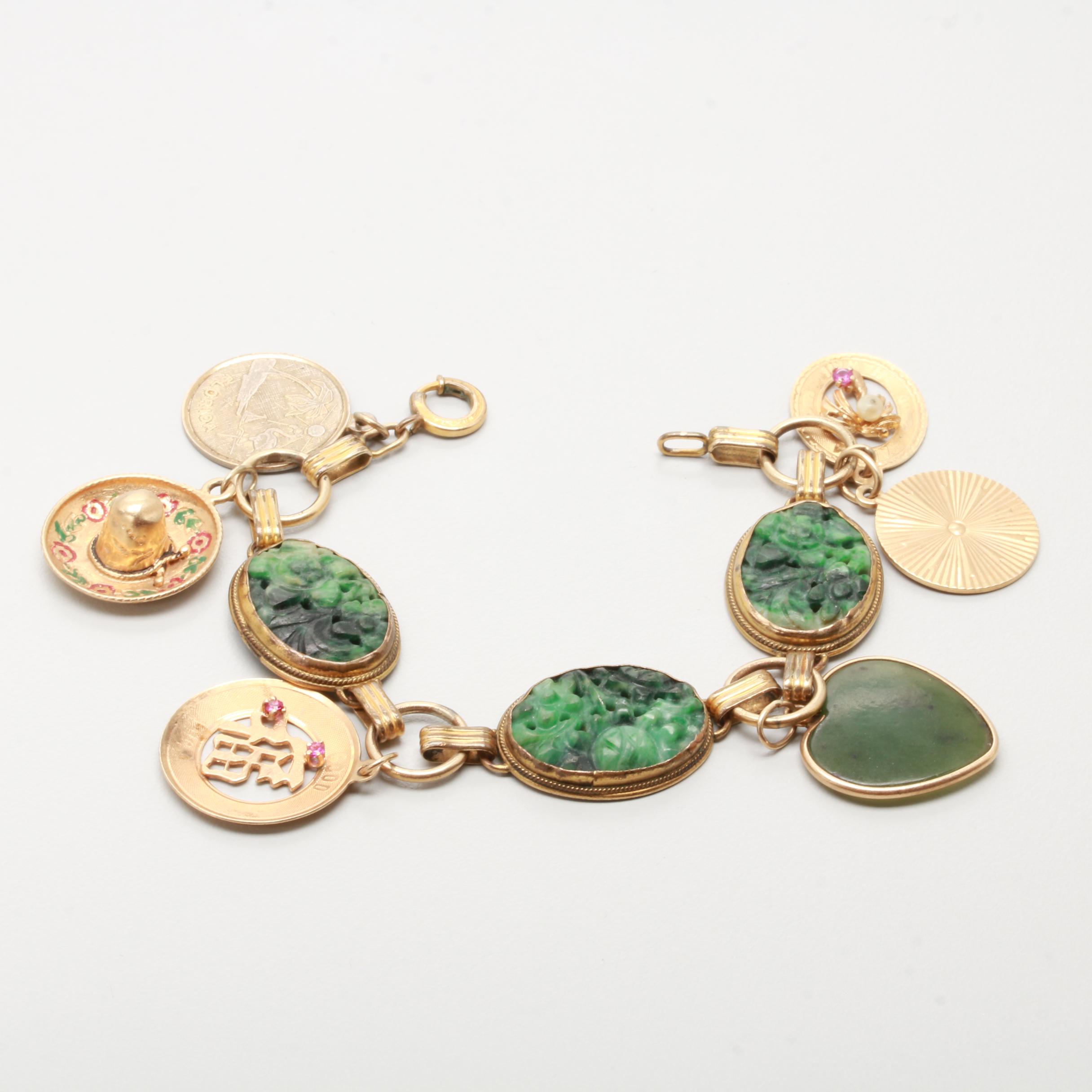 Vintage Gold Tone Nephrite Bracelet with 14K Yellow Gold and Gemstone Charms