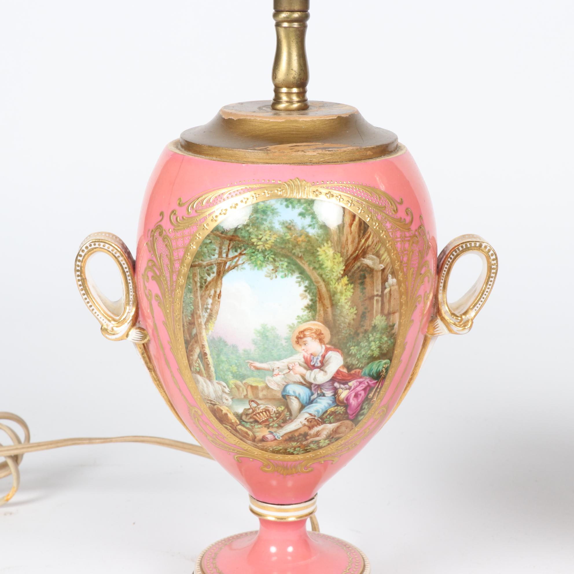 Sèvres Style Hand Decorated Scenic Amphora Table Lamps, circa 1930