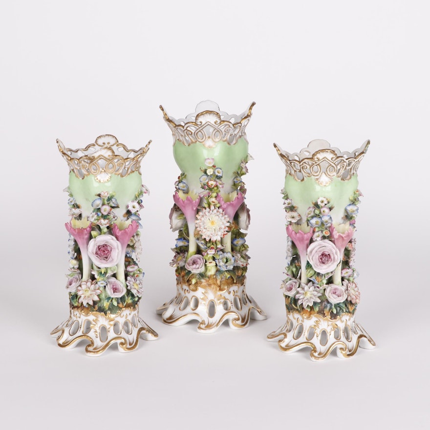 Jacob Petit Flower Encrusted Reticulated Porcelain Vases, 19th Century