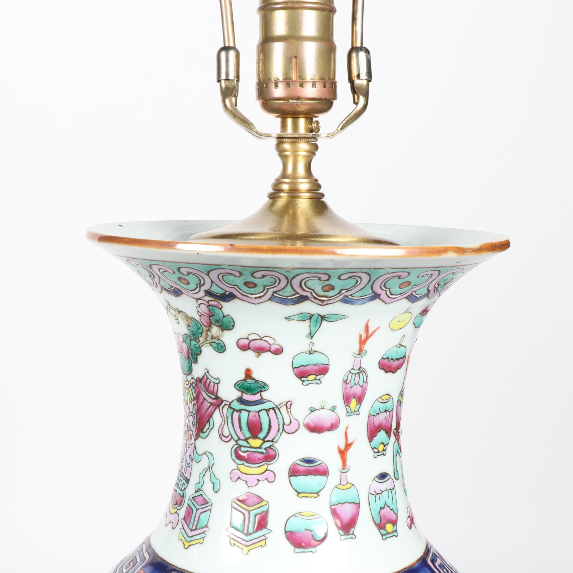 Hand Decorated Ceramic Chinoiserie Vase Table Lamps with Wooden Bases