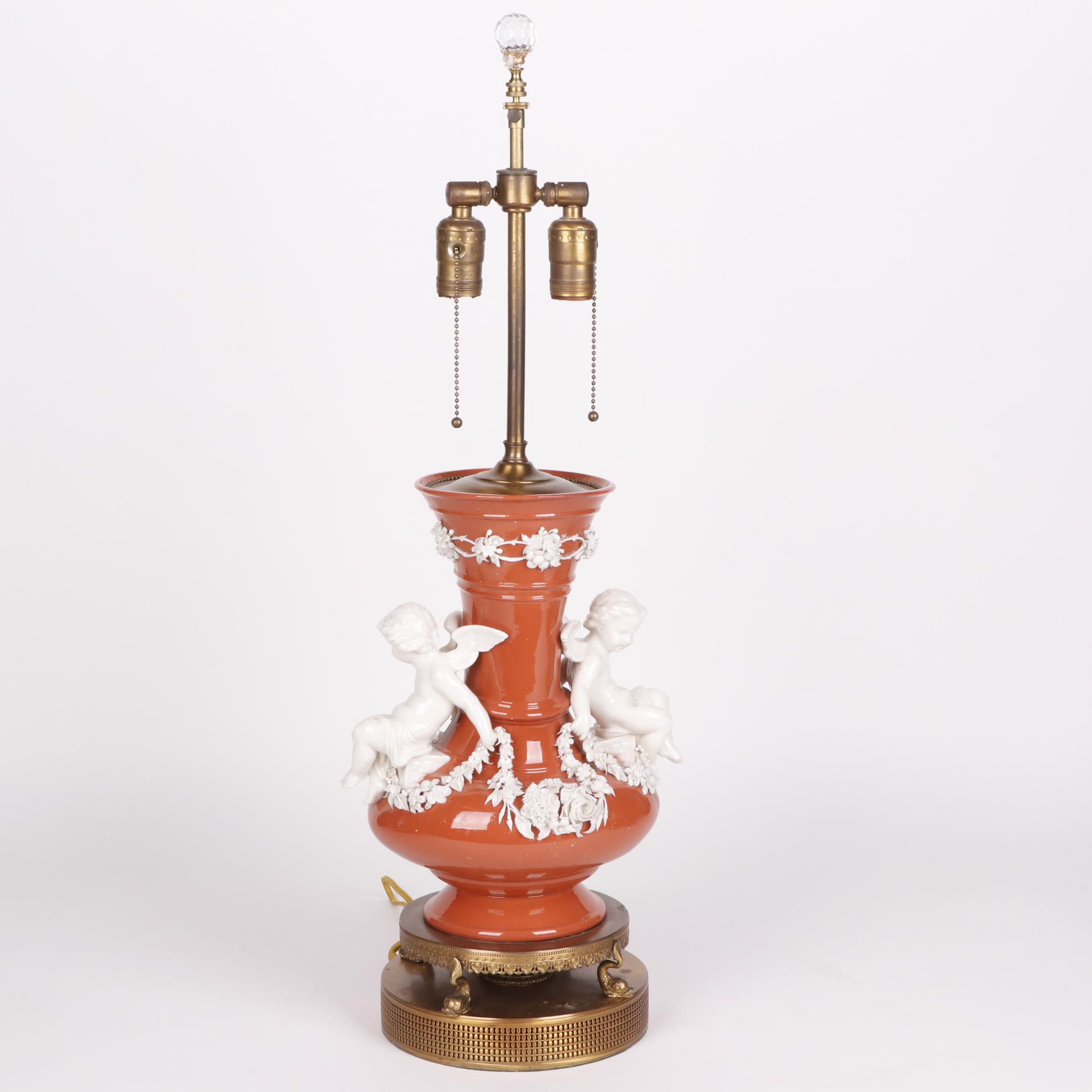 Coral Finish Vase Table Lamps with Applied Porcelain Putti and Garland