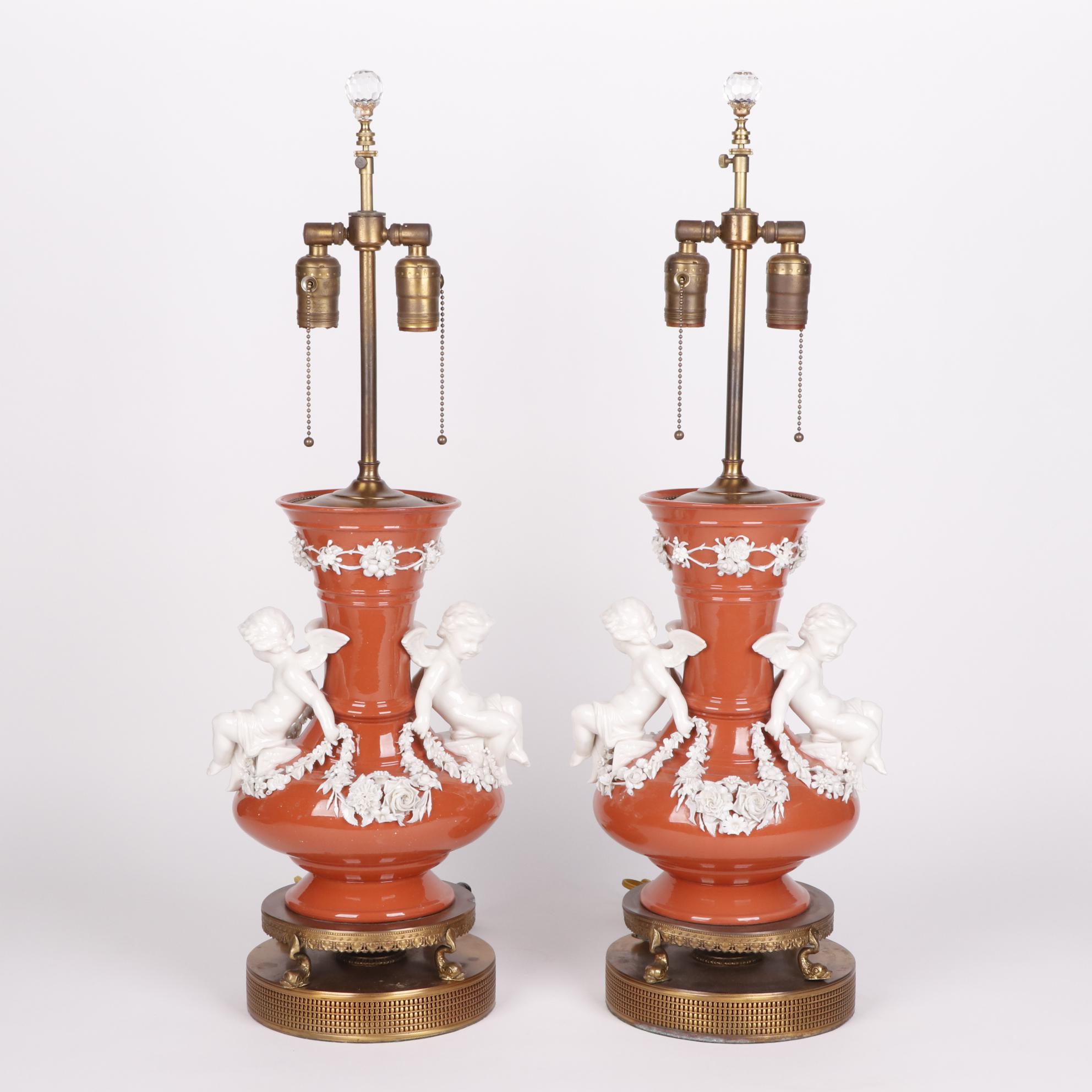 Coral Finish Vase Table Lamps with Applied Porcelain Putti and Garland