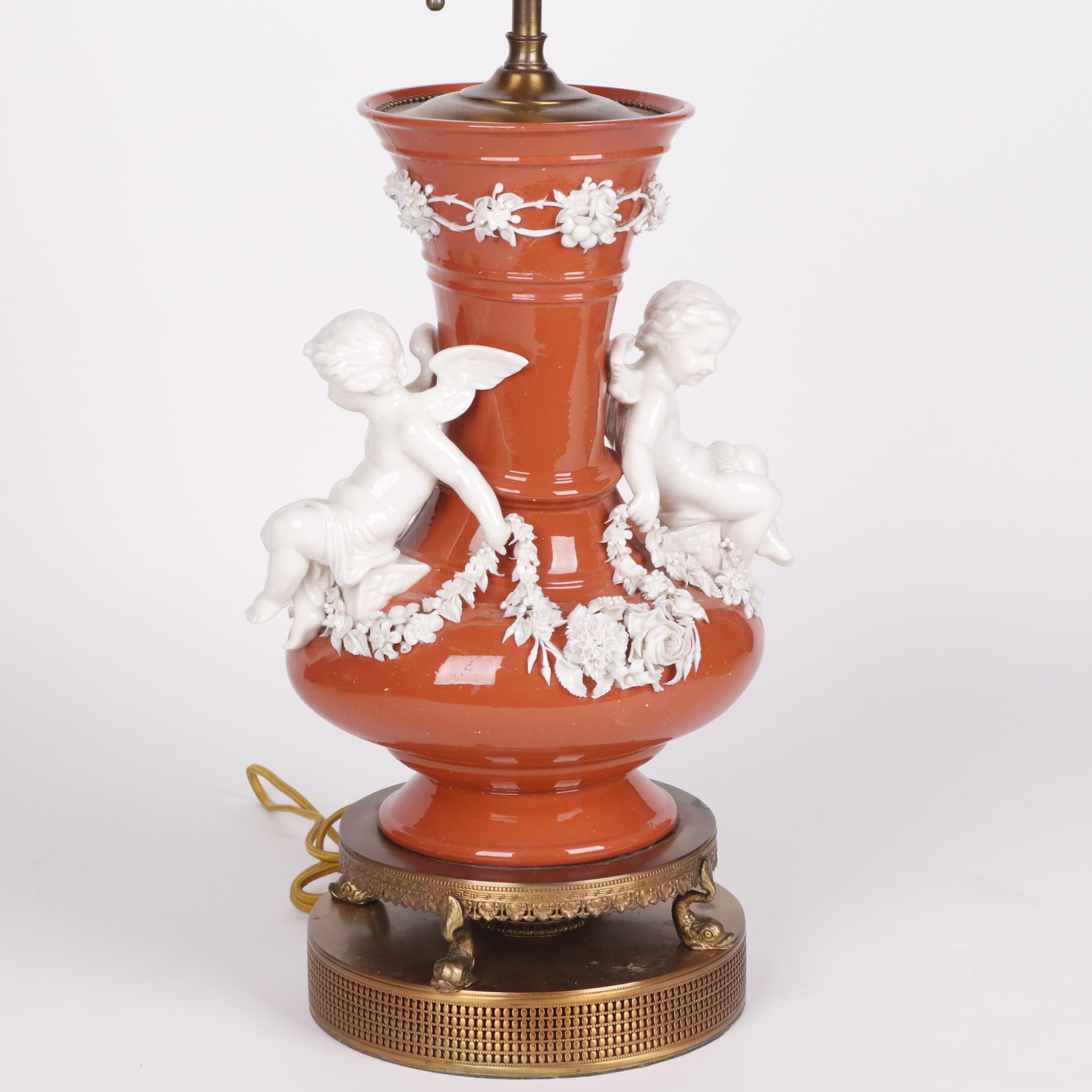 Coral Finish Vase Table Lamps with Applied Porcelain Putti and Garland