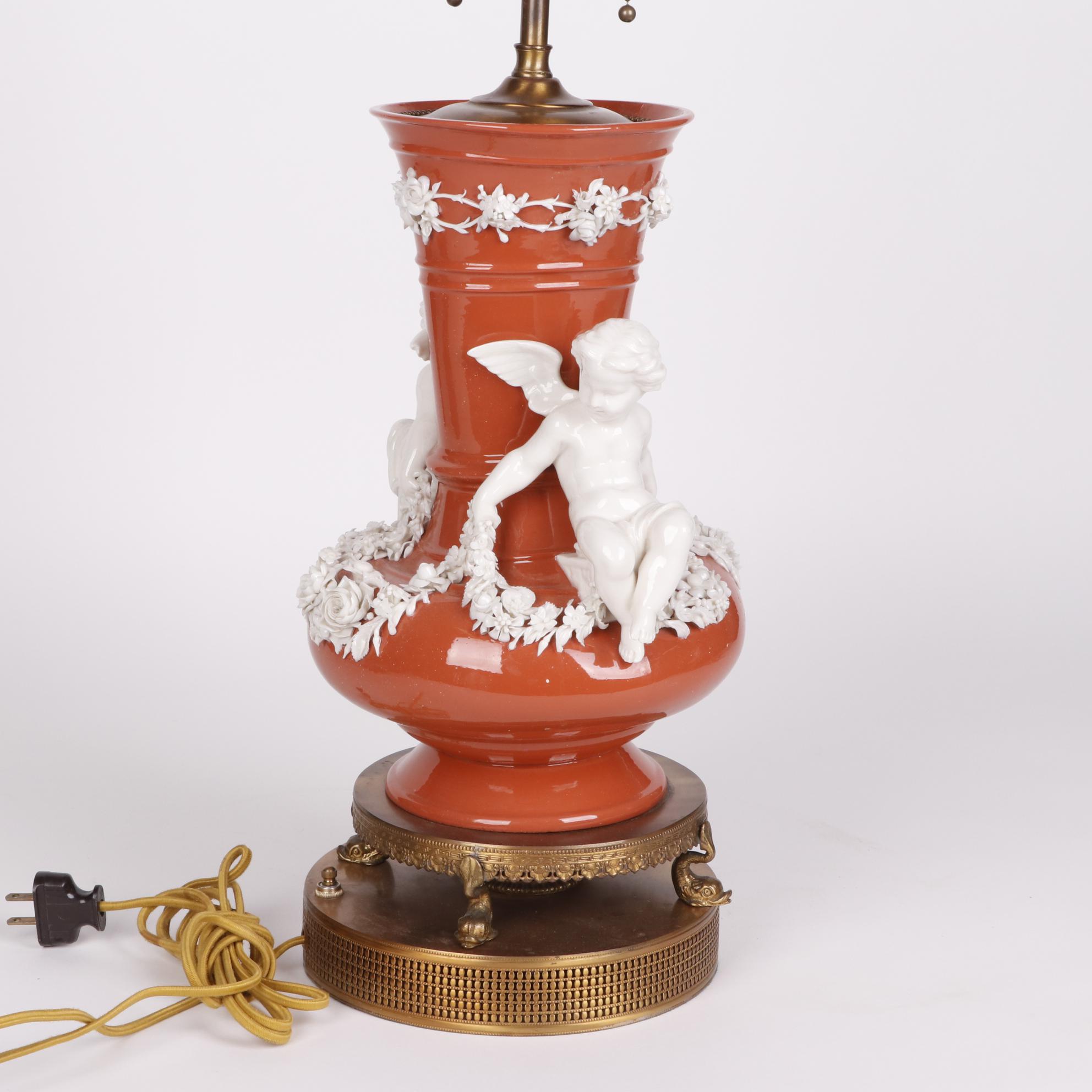 Coral Finish Vase Table Lamps with Applied Porcelain Putti and Garland