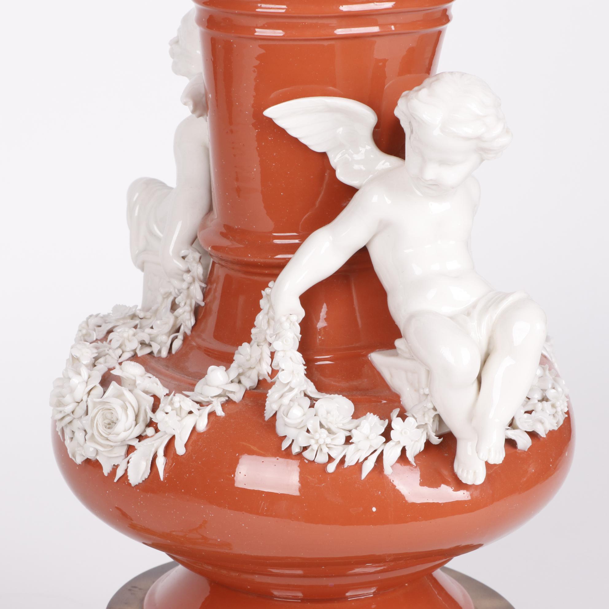 Coral Finish Vase Table Lamps with Applied Porcelain Putti and Garland