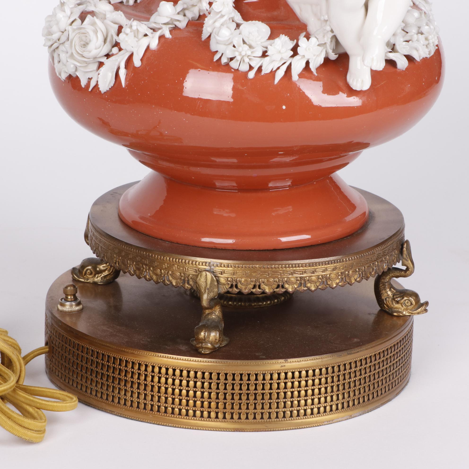 Coral Finish Vase Table Lamps with Applied Porcelain Putti and Garland