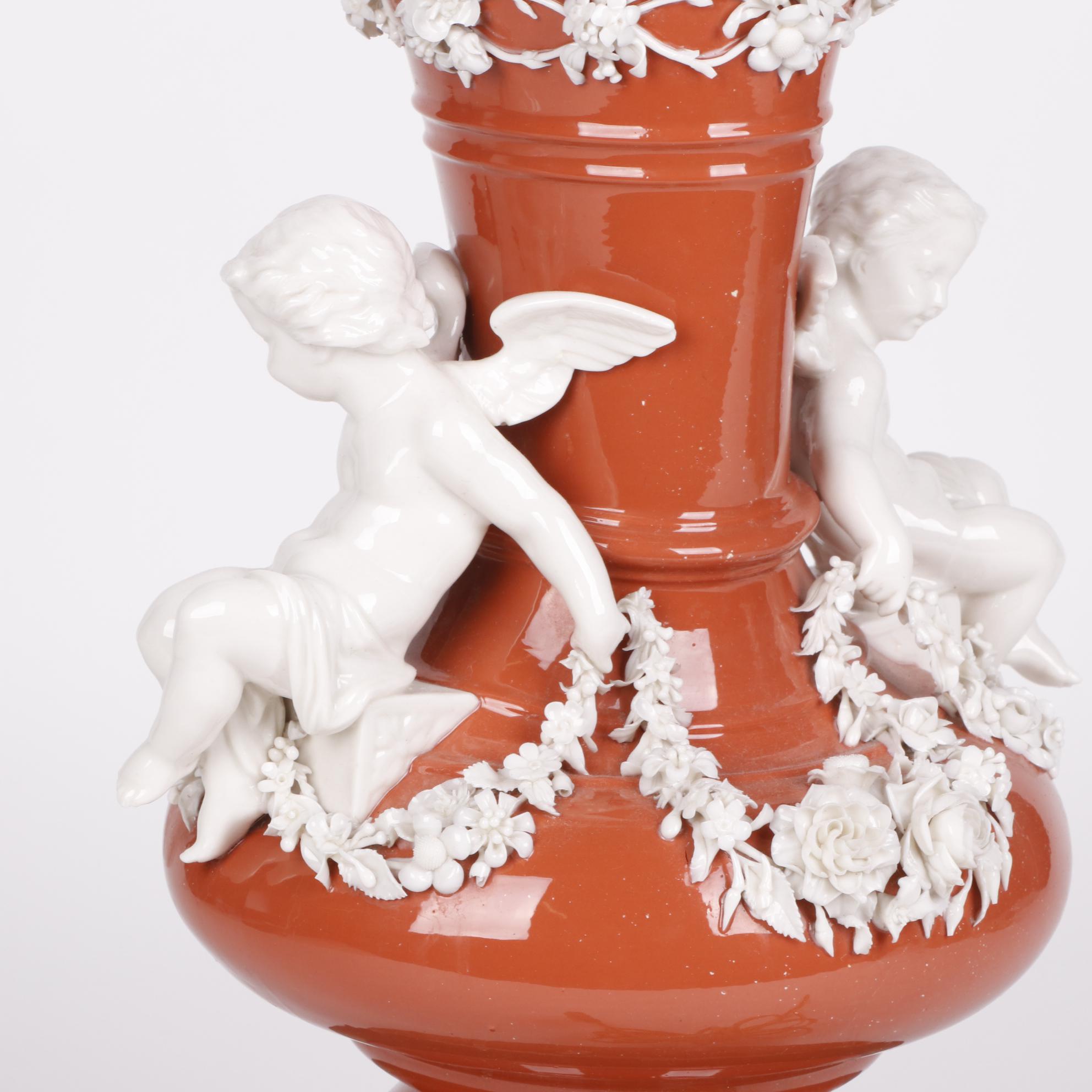 Coral Finish Vase Table Lamps with Applied Porcelain Putti and Garland