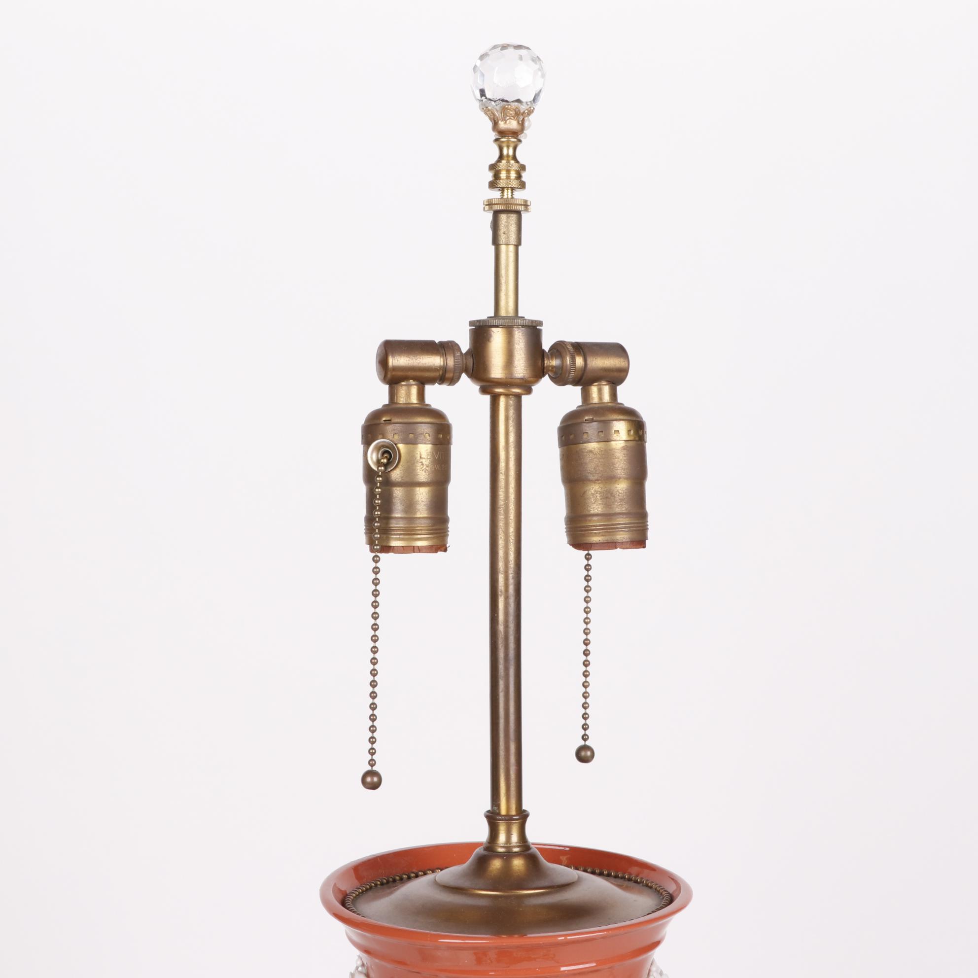 Coral Finish Vase Table Lamps with Applied Porcelain Putti and Garland