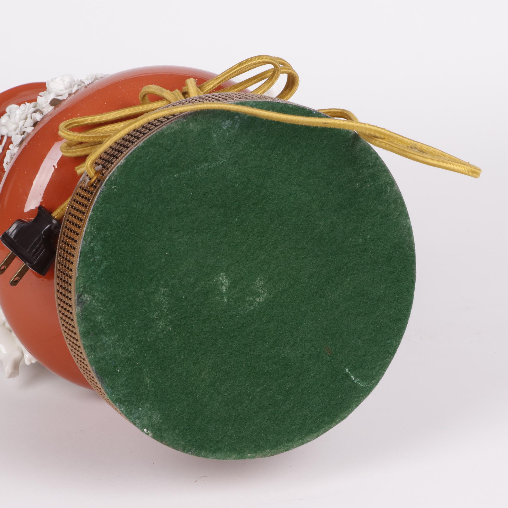 Coral Finish Vase Table Lamps with Applied Porcelain Putti and Garland