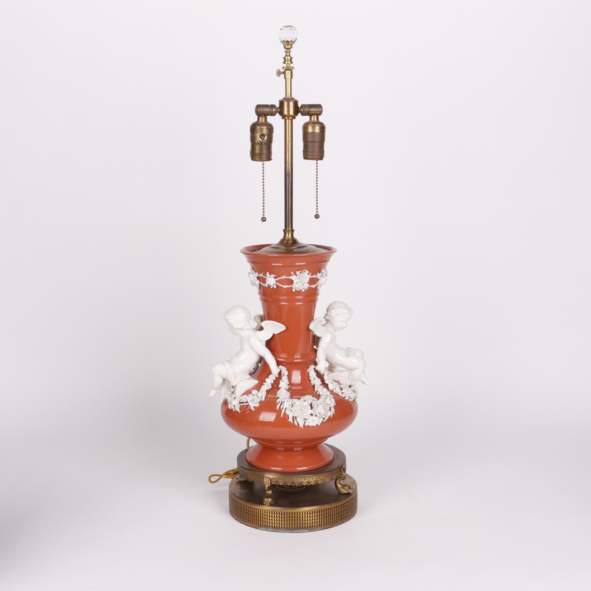 Coral Finish Vase Table Lamps with Applied Porcelain Putti and Garland