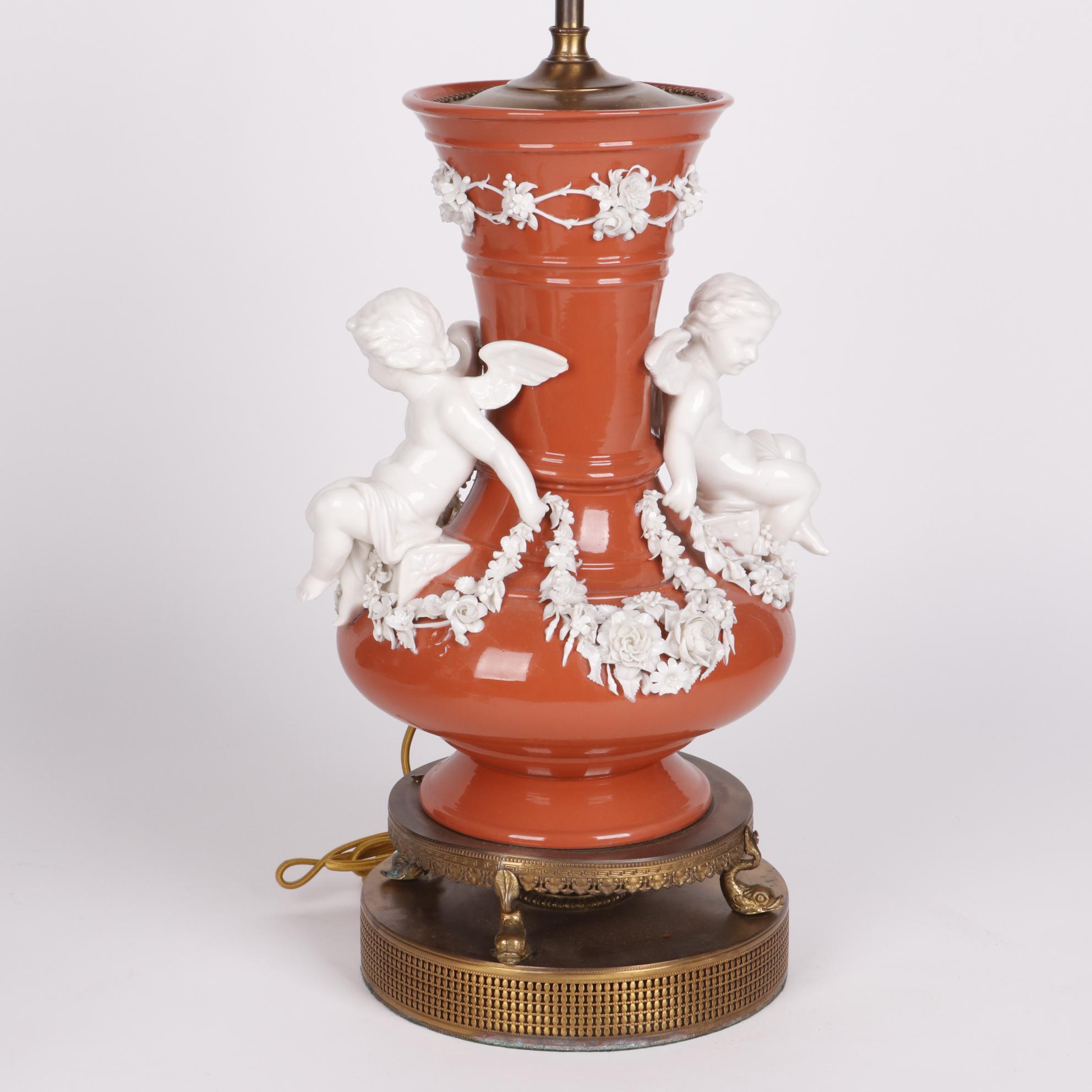 Coral Finish Vase Table Lamps with Applied Porcelain Putti and Garland