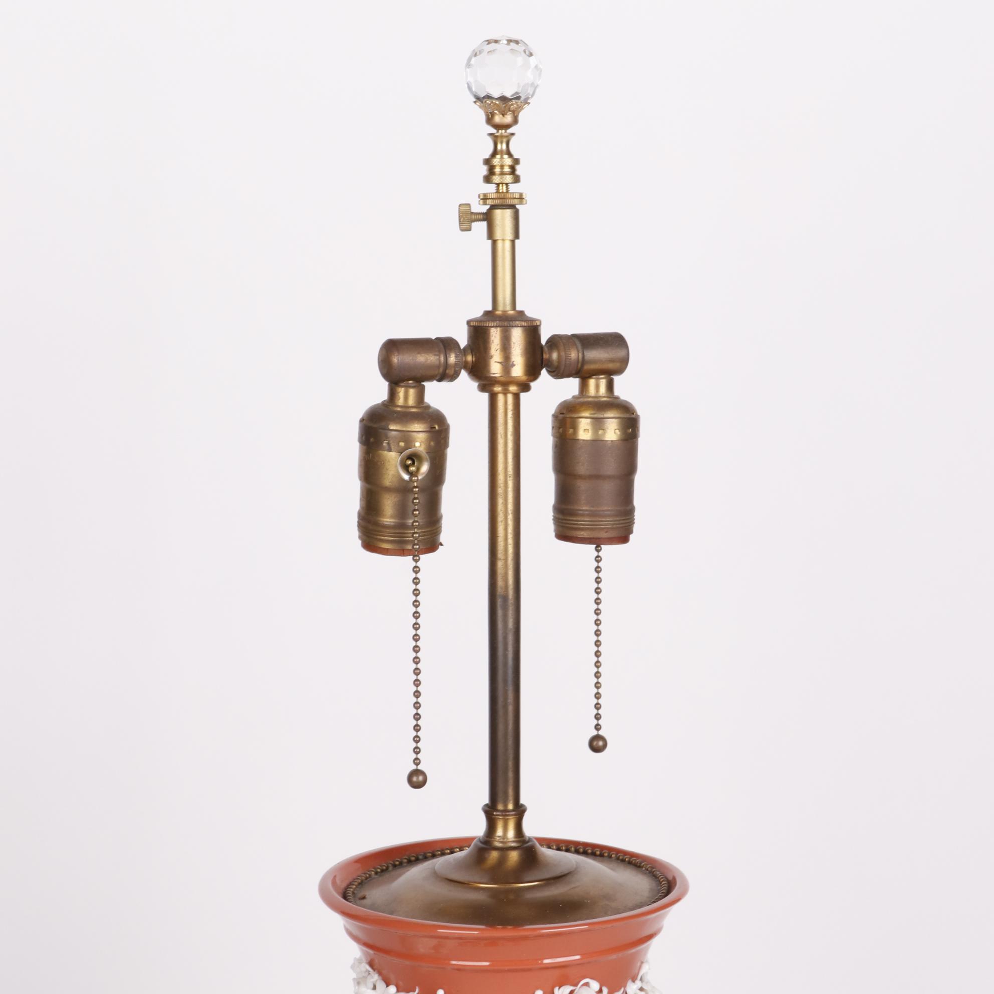 Coral Finish Vase Table Lamps with Applied Porcelain Putti and Garland