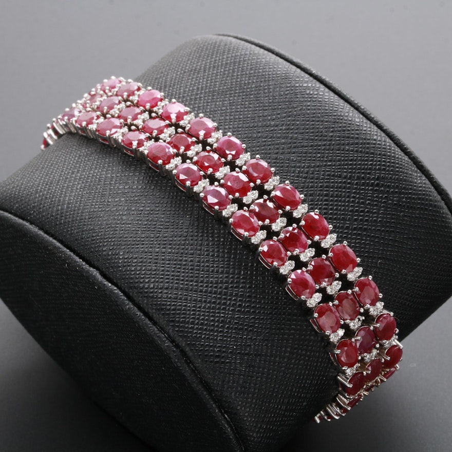 18K White Gold Triple Strand Ruby and 2.14 CTW Diamond Bracelet