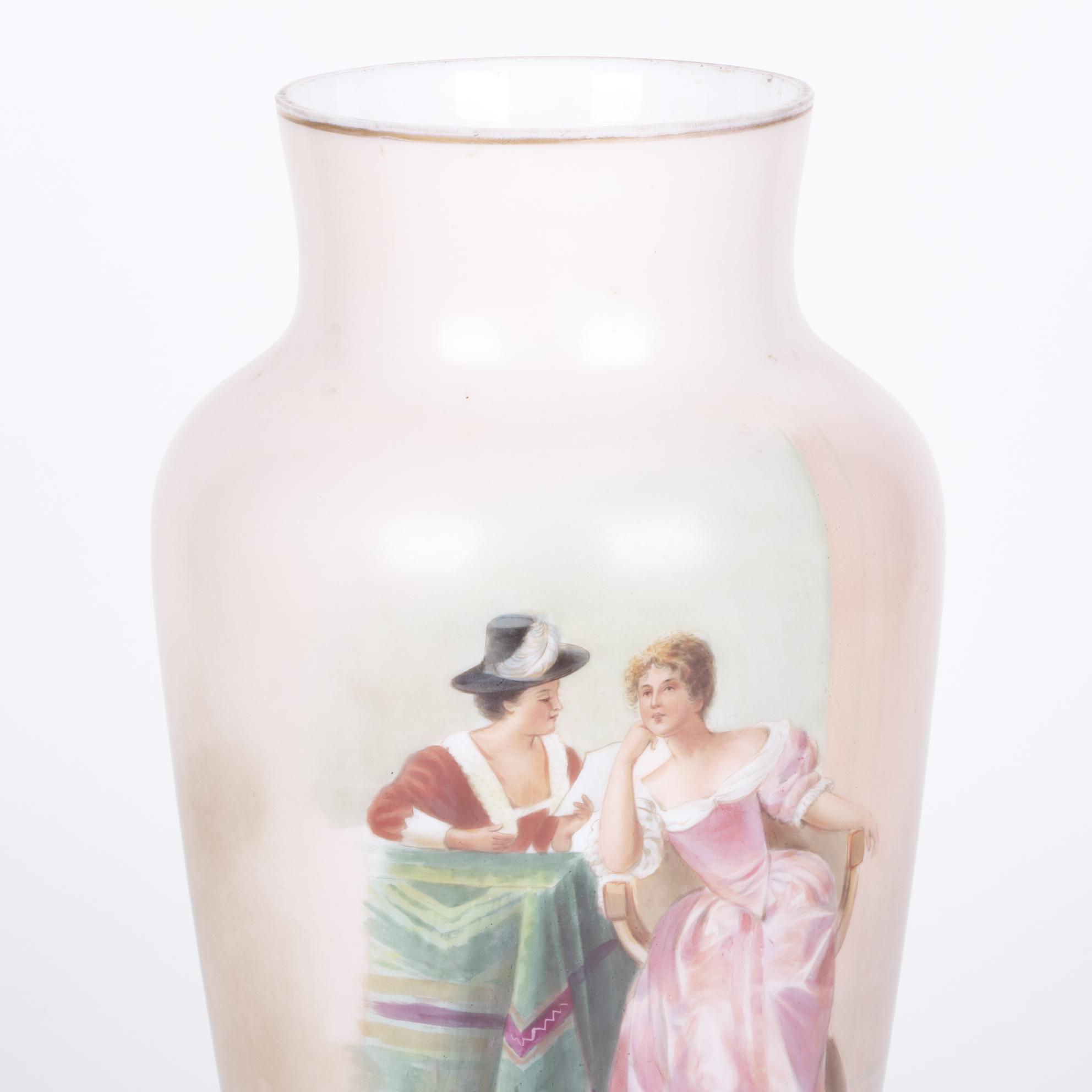 Hand-Painted Satin Glass Vase With an Interior Genre Scene, Late 19th Century