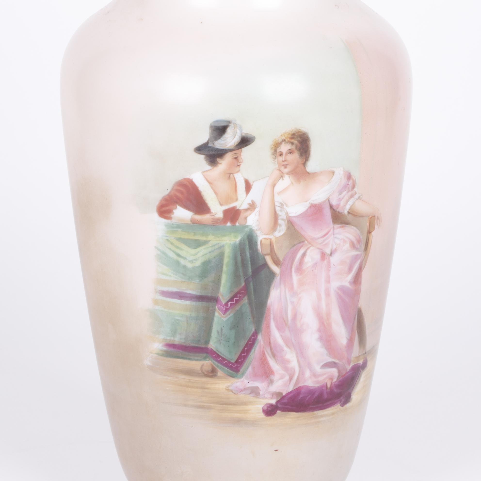 Hand-Painted Satin Glass Vase With an Interior Genre Scene, Late 19th Century