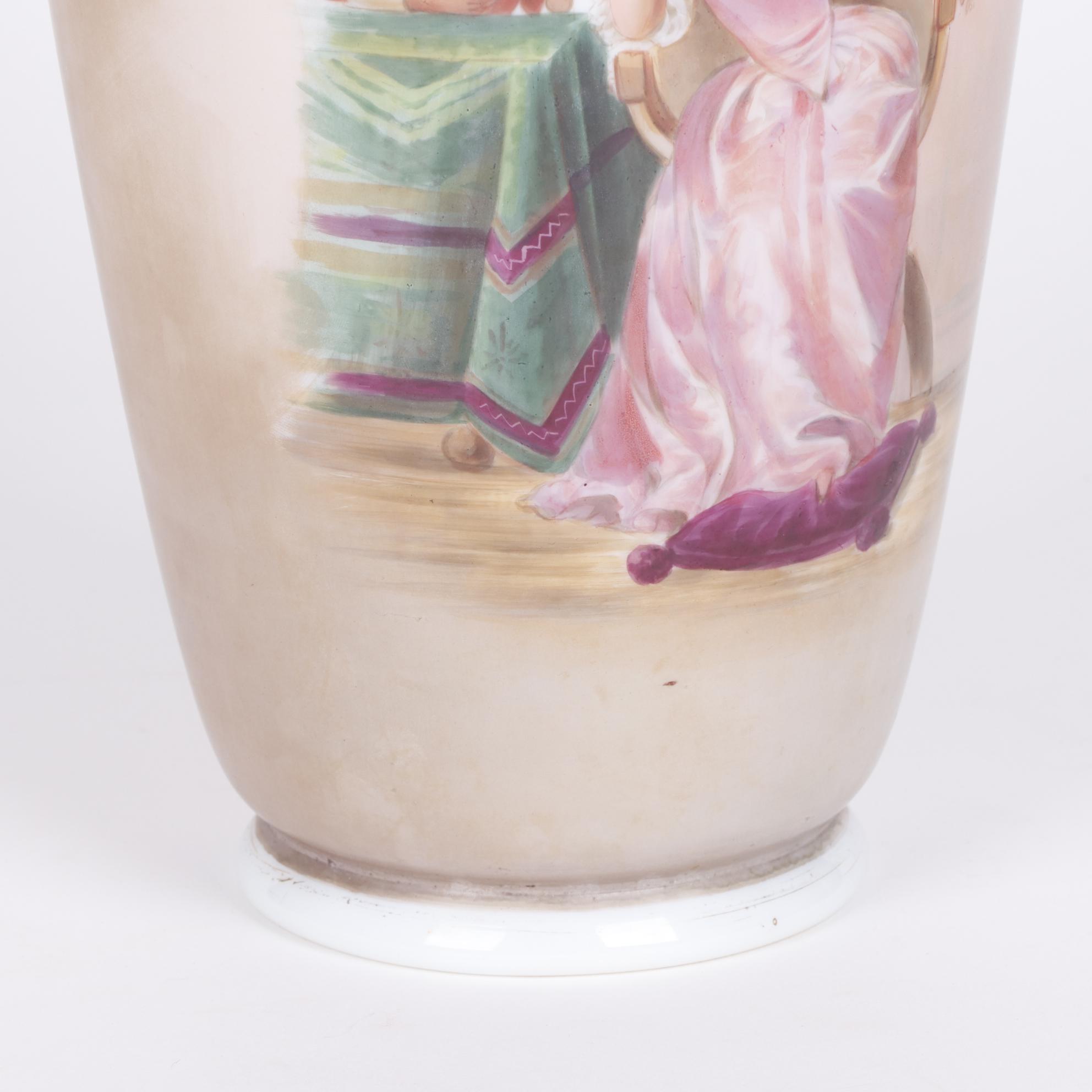 Hand-Painted Satin Glass Vase With an Interior Genre Scene, Late 19th Century