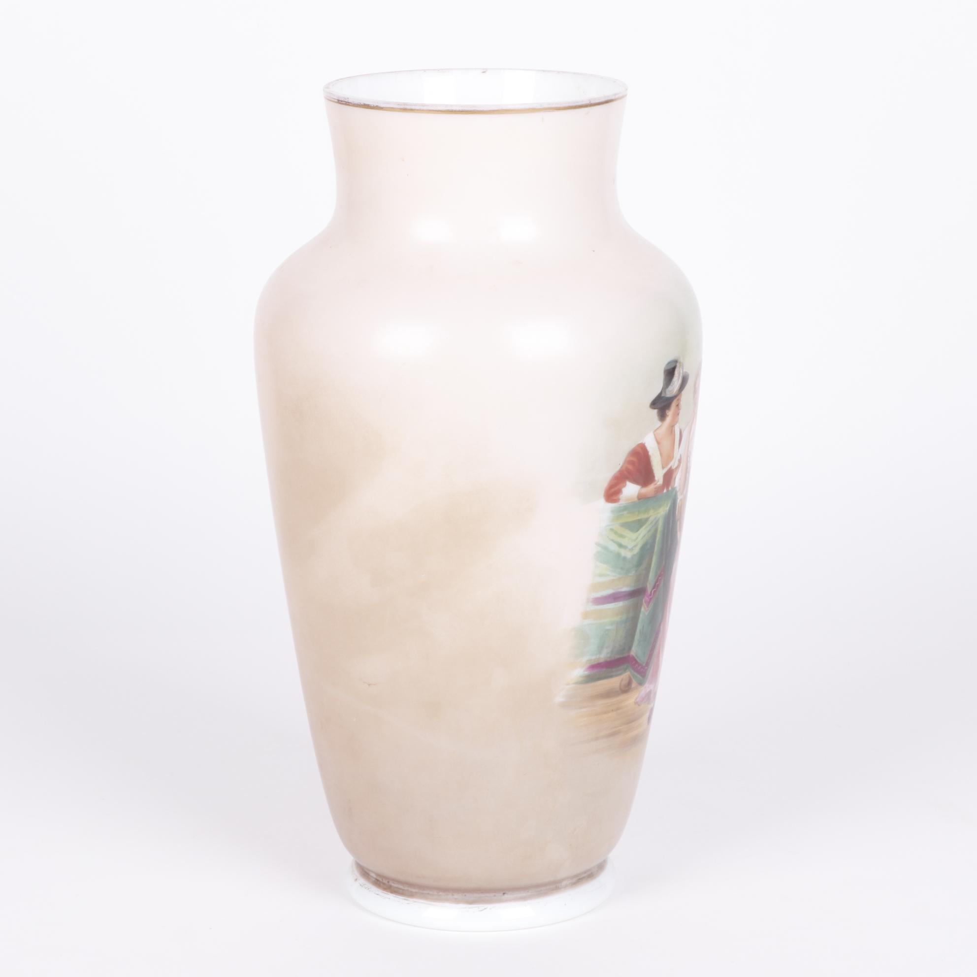 Hand-Painted Satin Glass Vase With an Interior Genre Scene, Late 19th Century