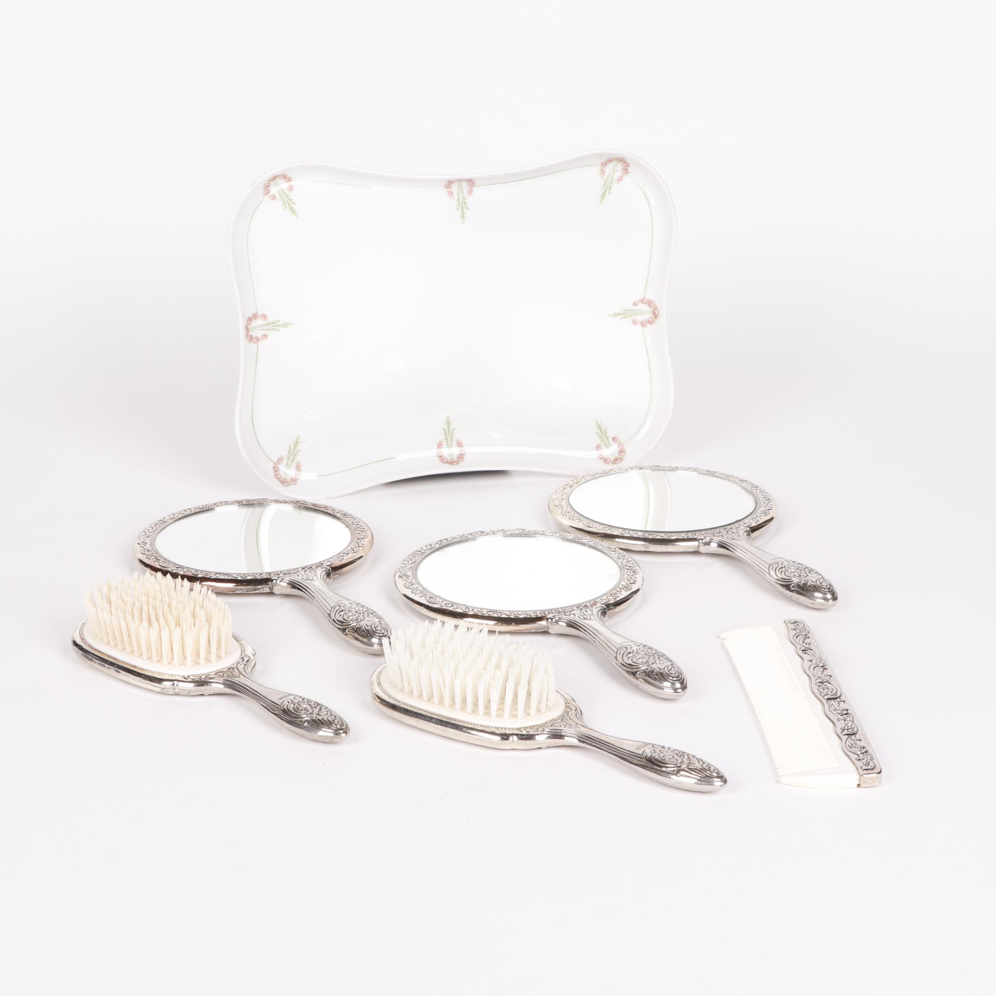 Towle Silver Plate Hand Mirrors and Brushes with Moritz Zdekauer Porcelain Tray