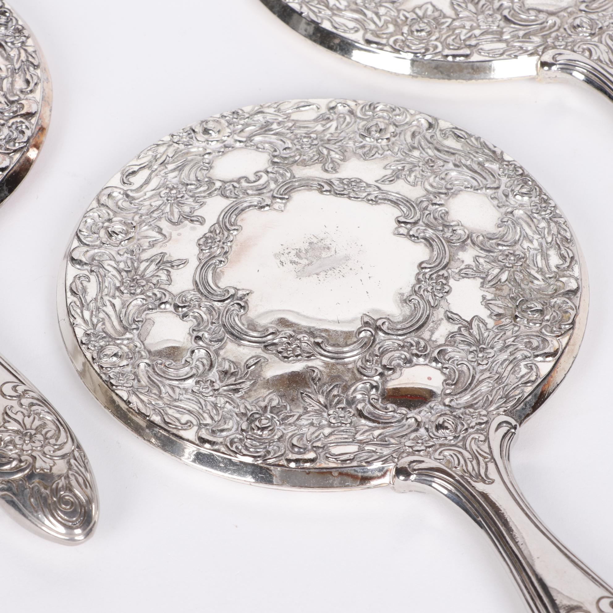 Towle Silver Plate Hand Mirrors and Brushes with Moritz Zdekauer Porcelain Tray