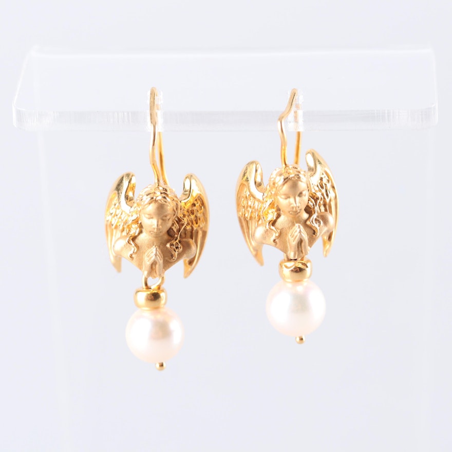 14K Yellow Gold Angel Akoya Cultured Pearl Earrings