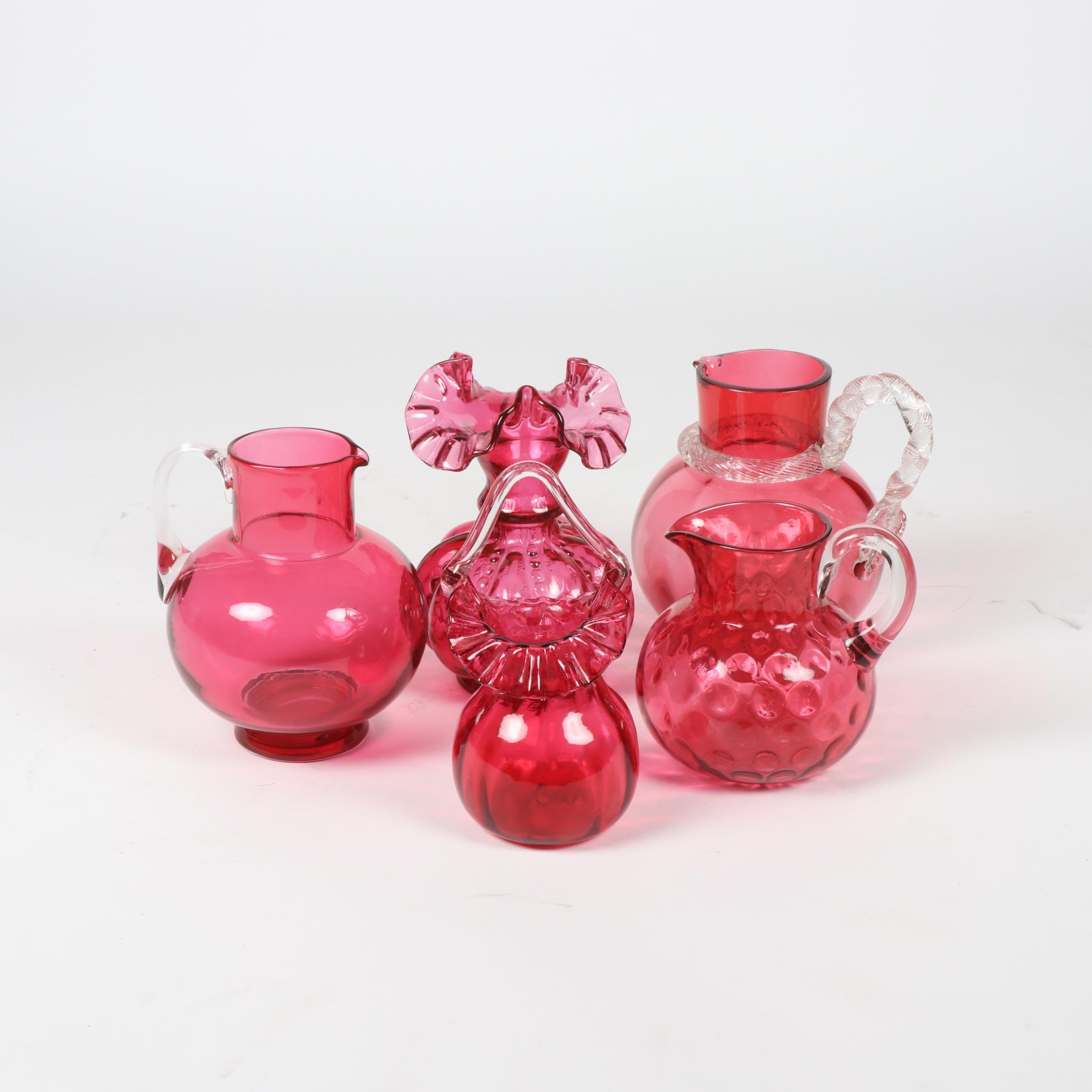 Vintage Cranberry Glass Pitchers with Fenton Style Vase and Basket