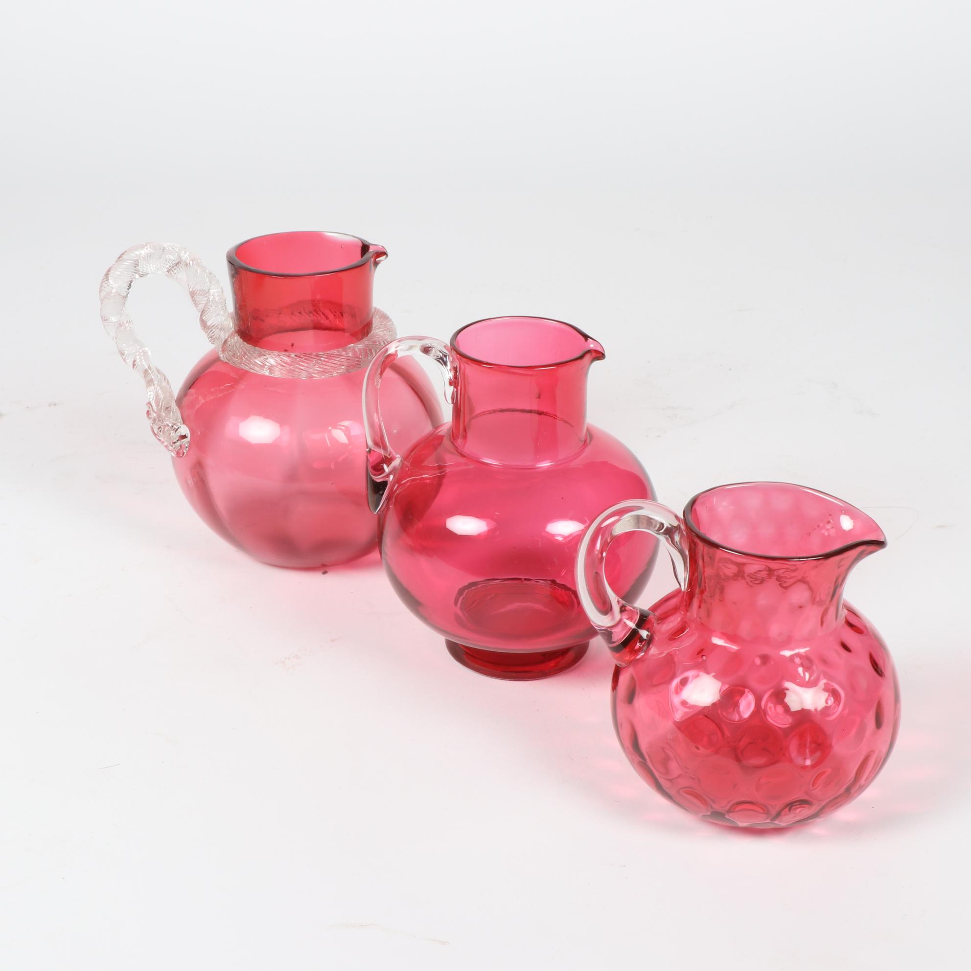 Vintage Cranberry Glass Pitchers with Fenton Style Vase and Basket