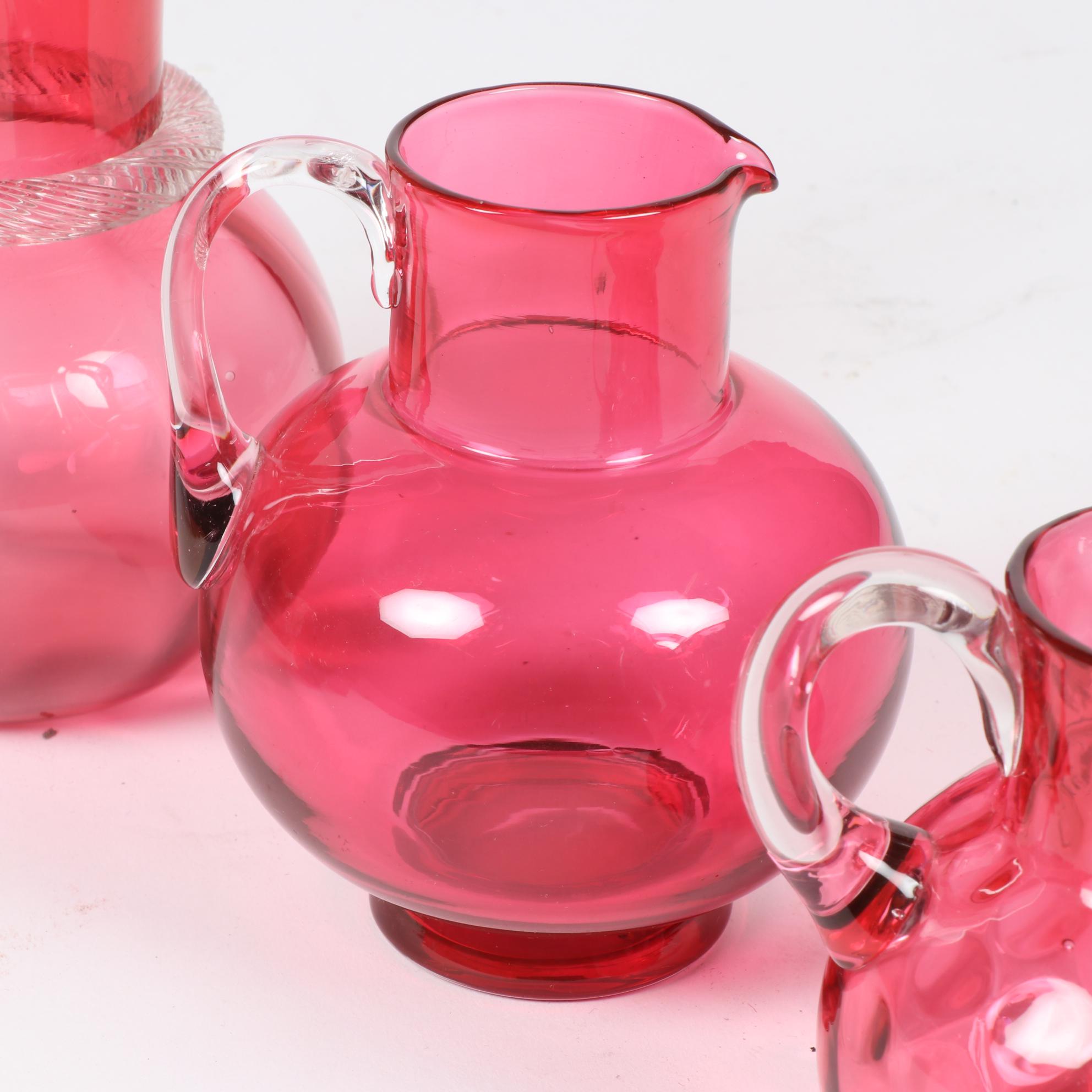 Vintage Cranberry Glass Pitchers with Fenton Style Vase and Basket