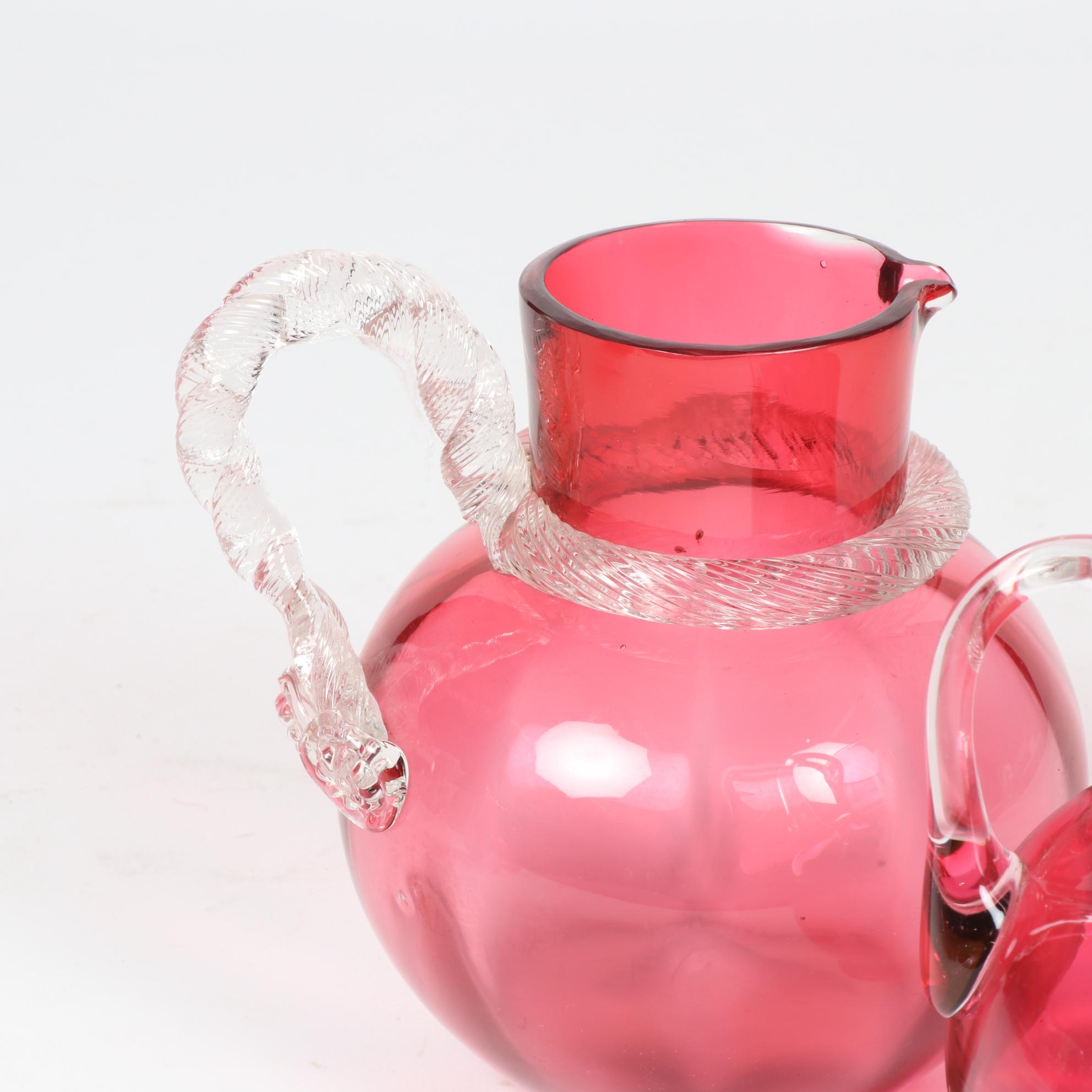 Vintage Cranberry Glass Pitchers with Fenton Style Vase and Basket