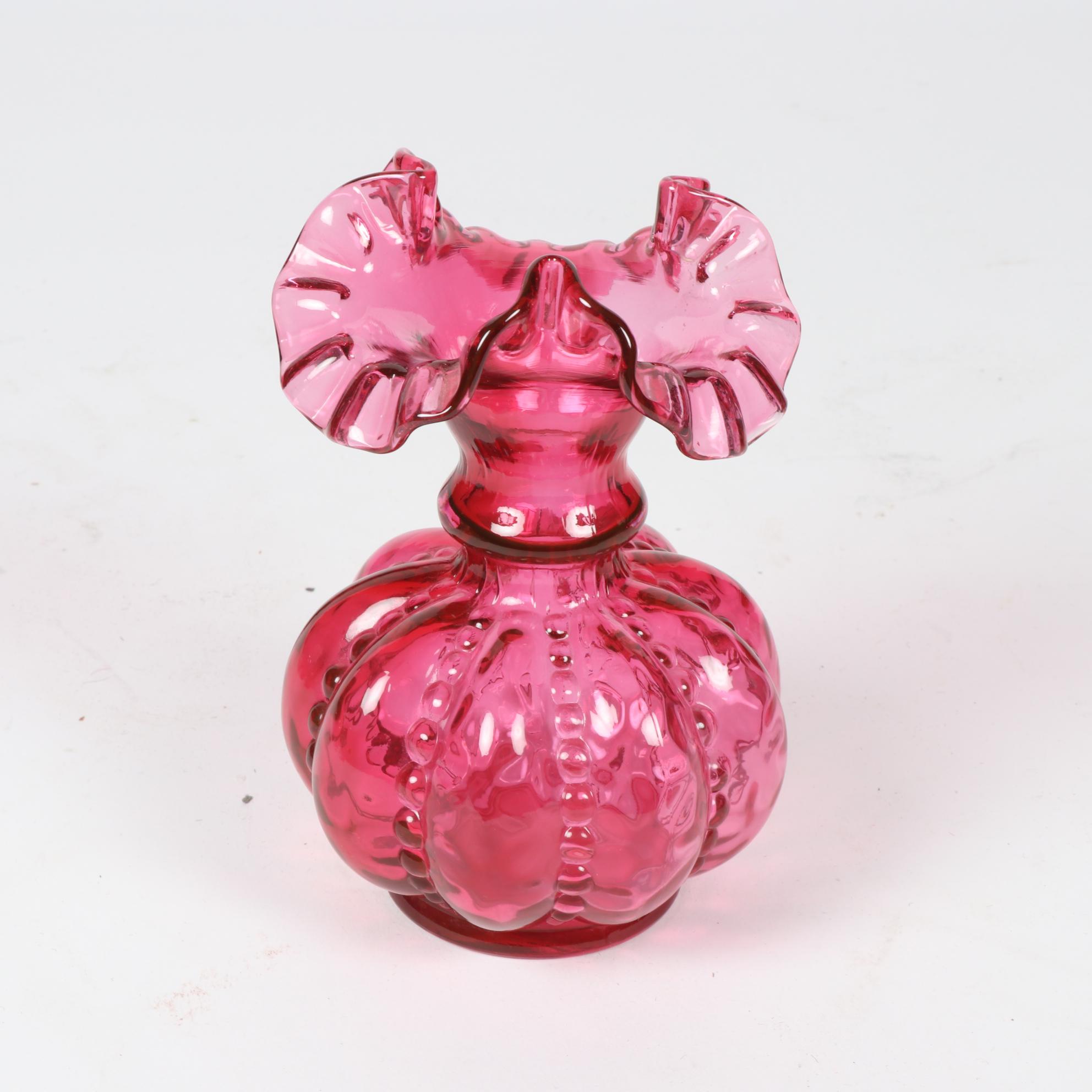 Vintage Cranberry Glass Pitchers with Fenton Style Vase and Basket