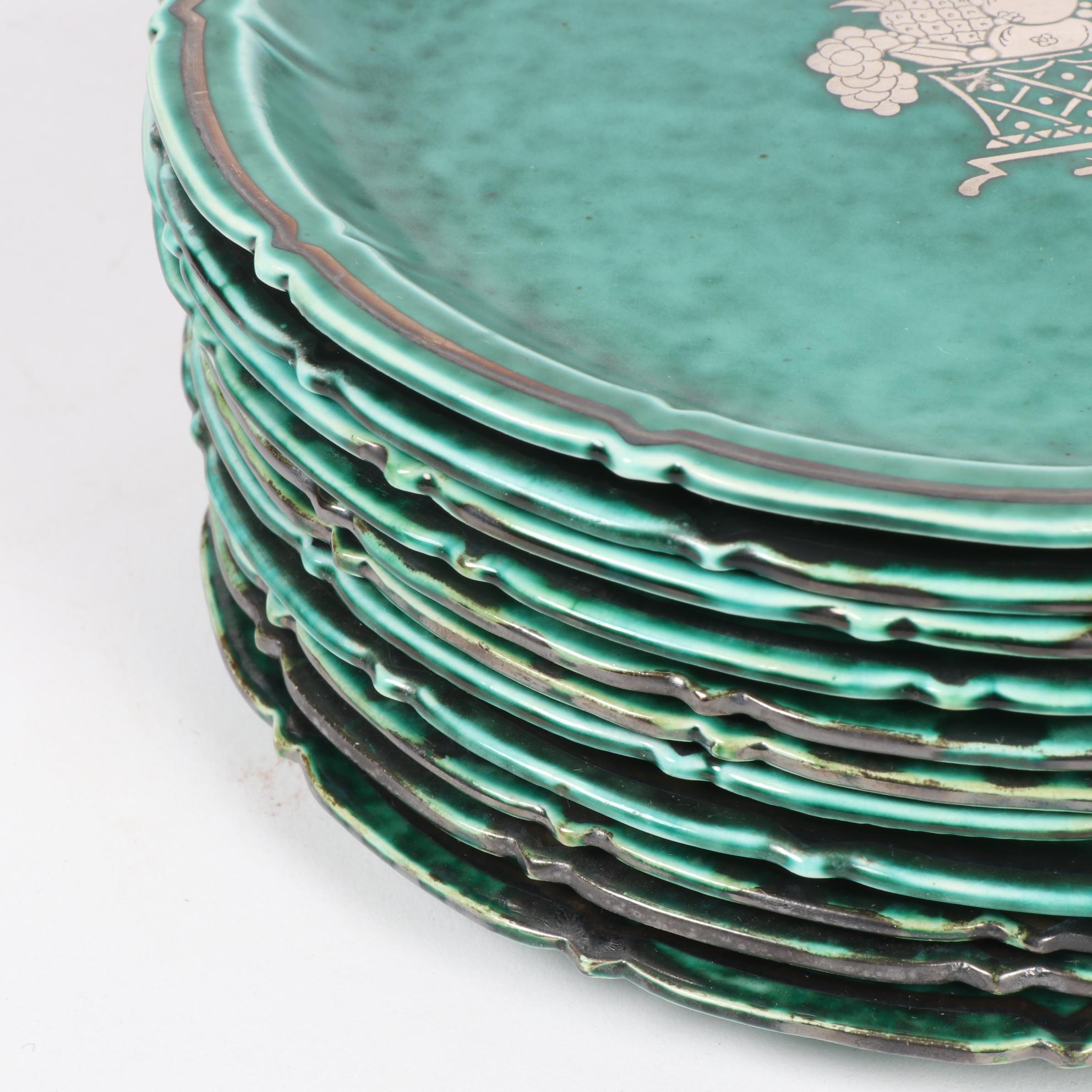 Gustavsberg Argenta Silver Inlaid Turquoise Stoneware Plates