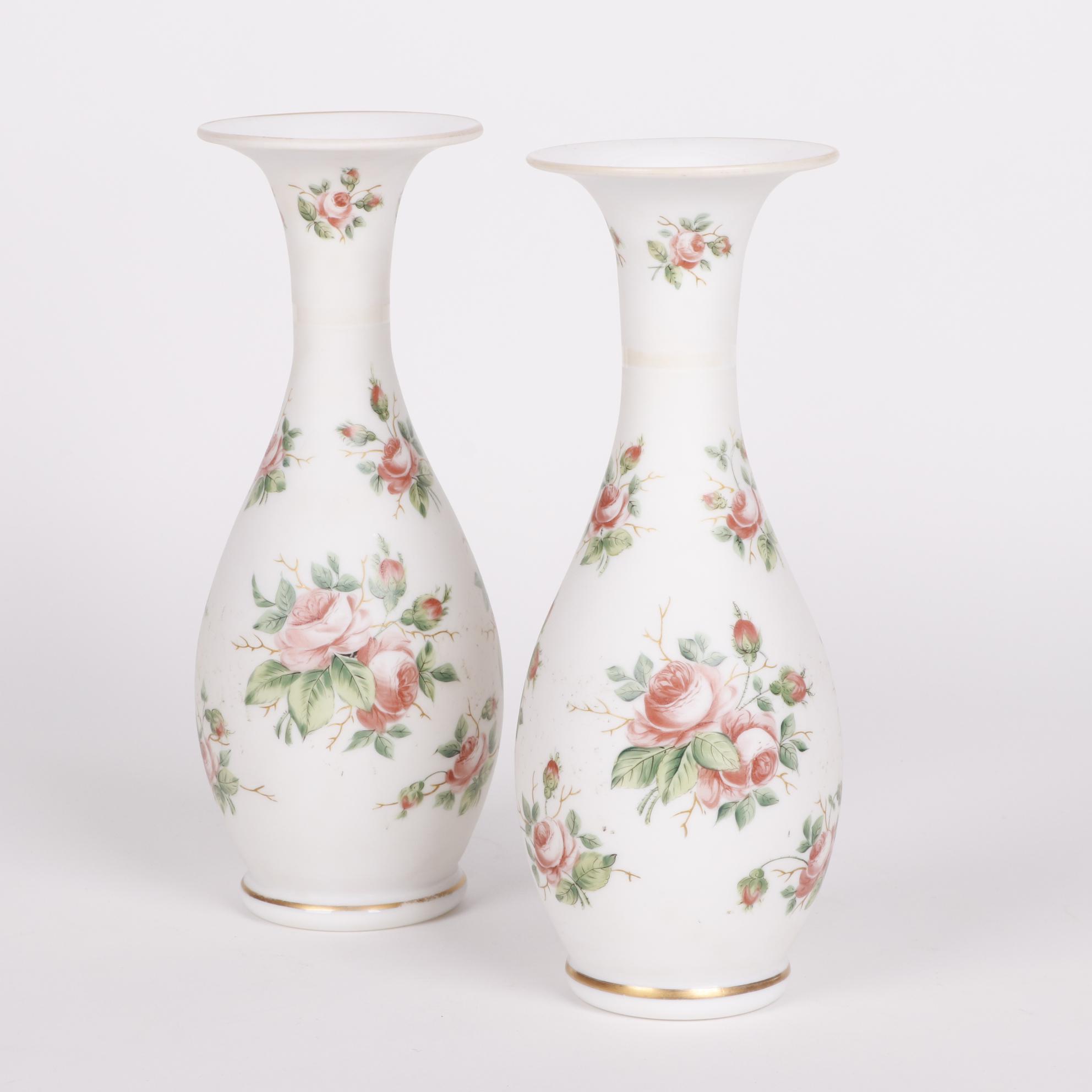 Hand-Painted Rose Patterned Bristol Glass Style Vases