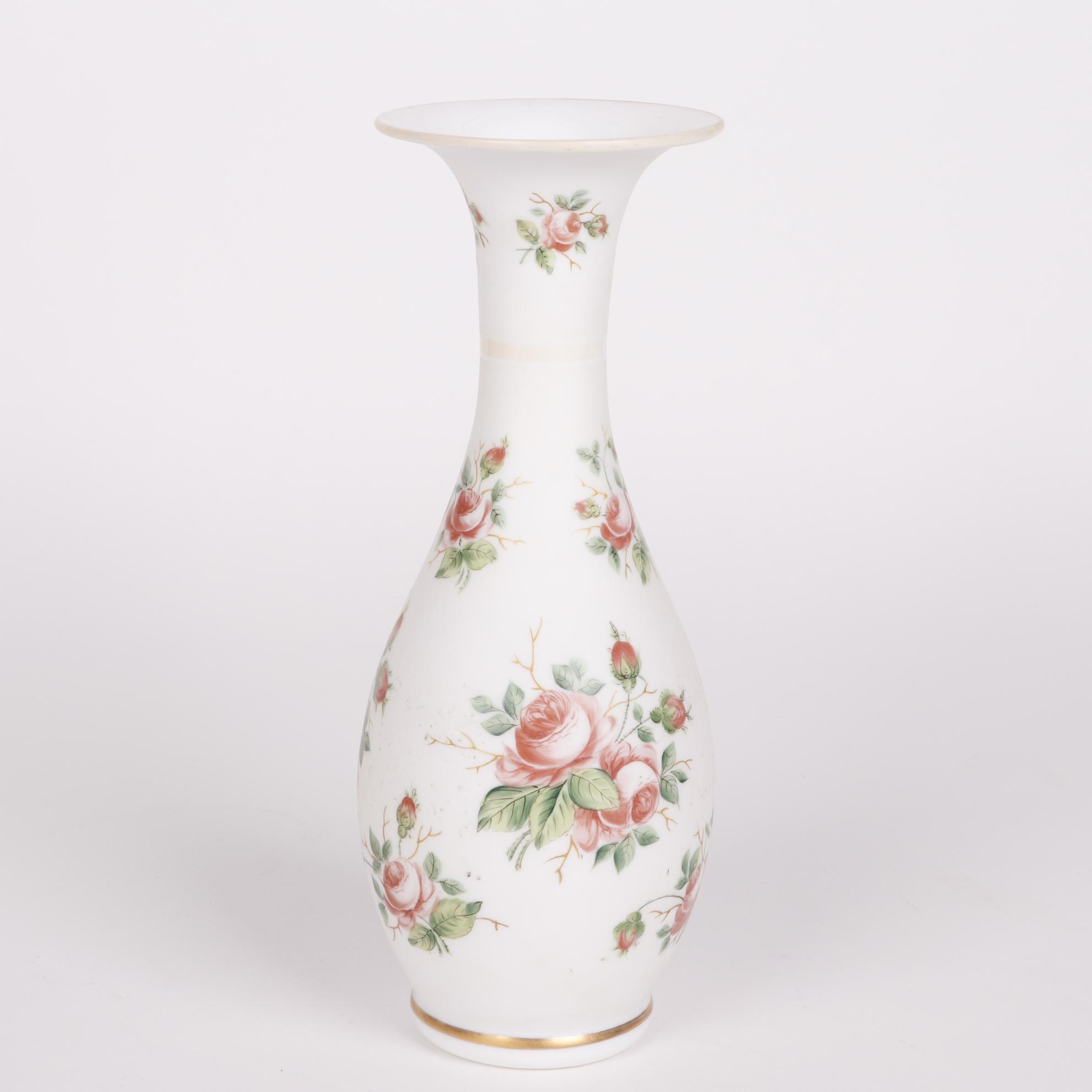Hand-Painted Rose Patterned Bristol Glass Style Vases
