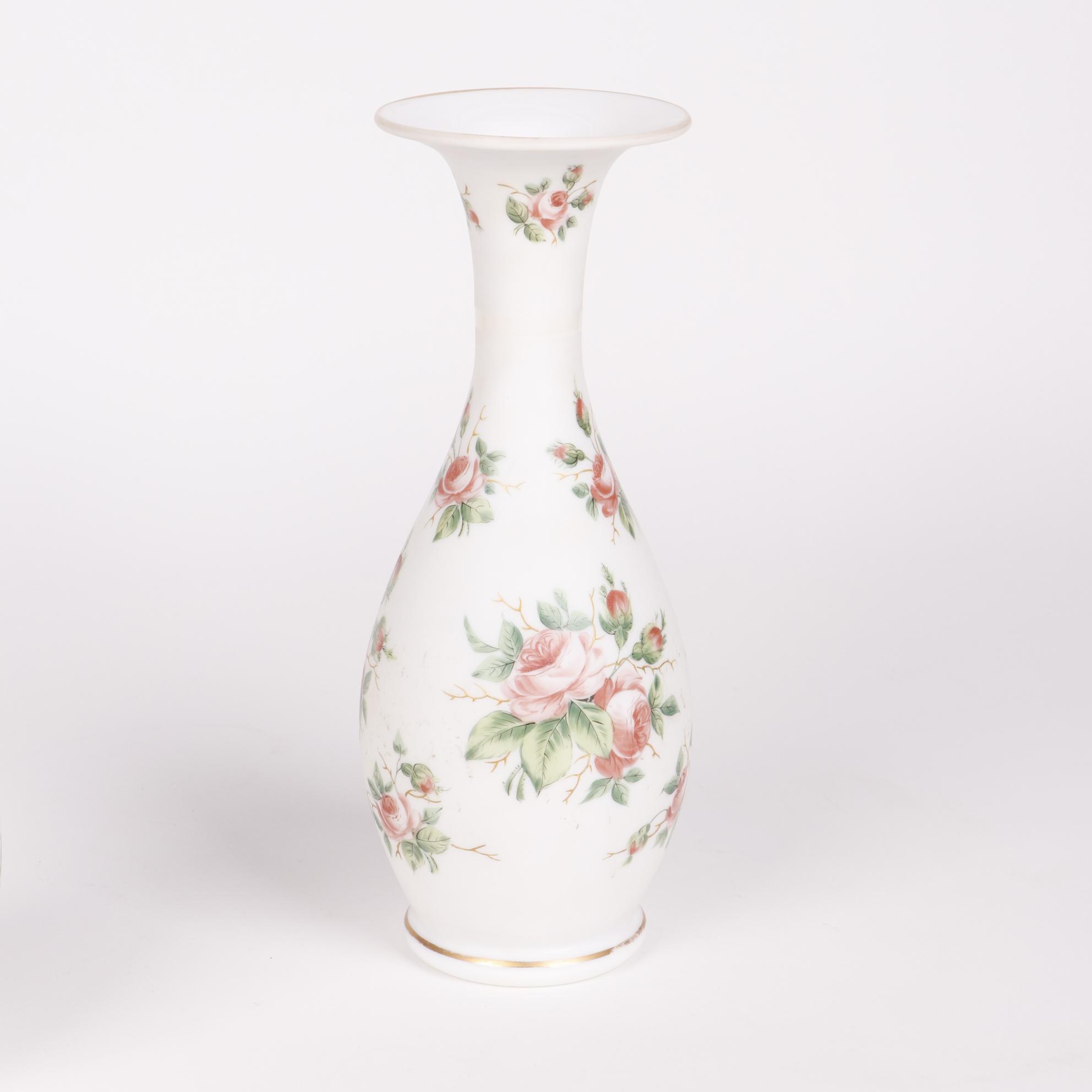 Hand-Painted Rose Patterned Bristol Glass Style Vases