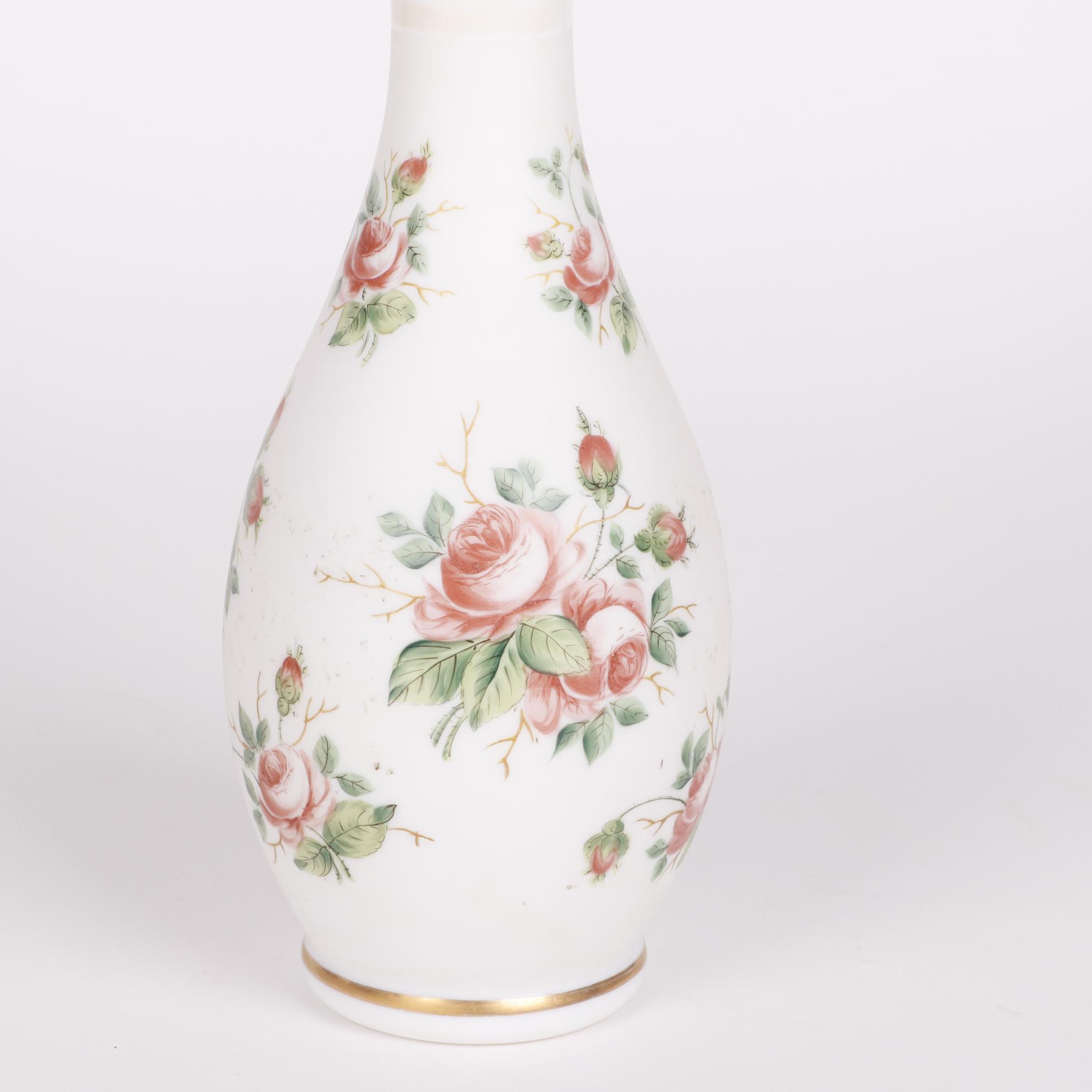 Hand-Painted Rose Patterned Bristol Glass Style Vases