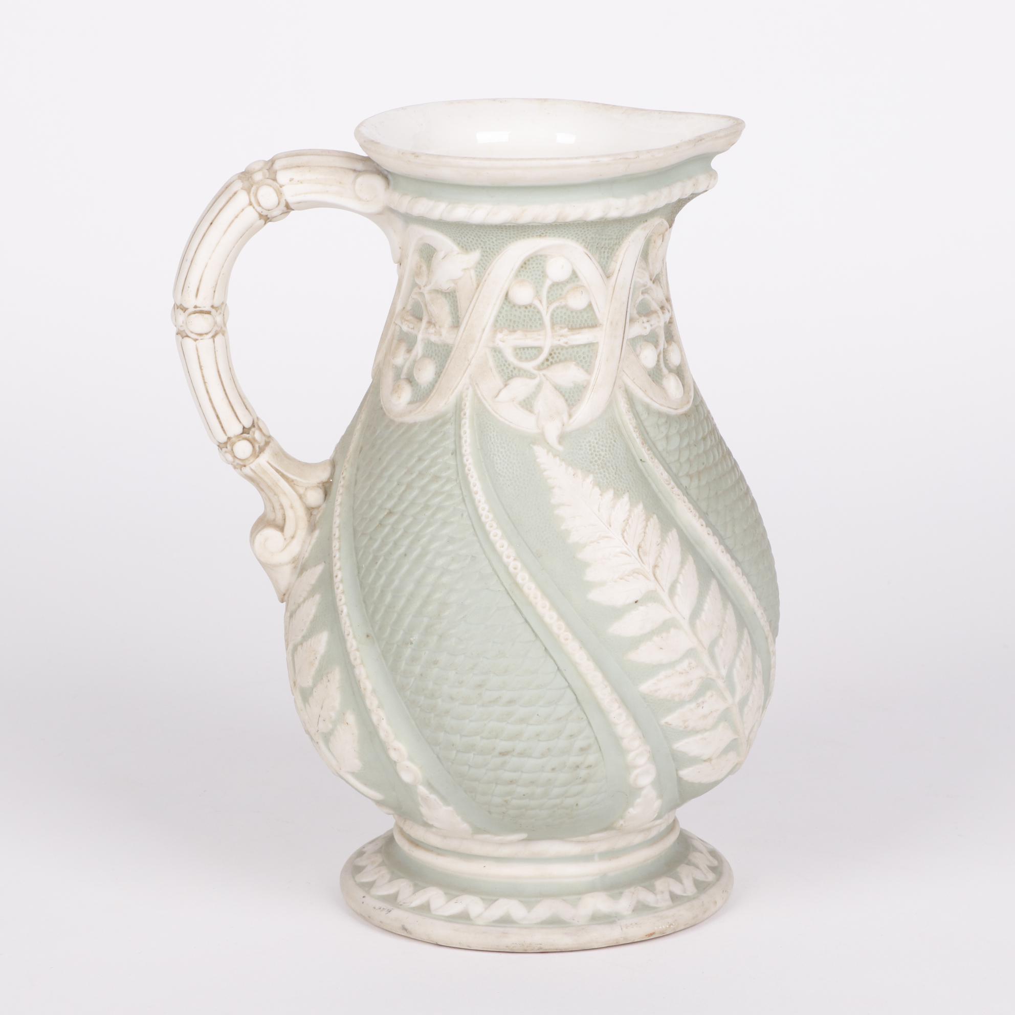 English Green Relief Molded Stoneware Jug, 1852