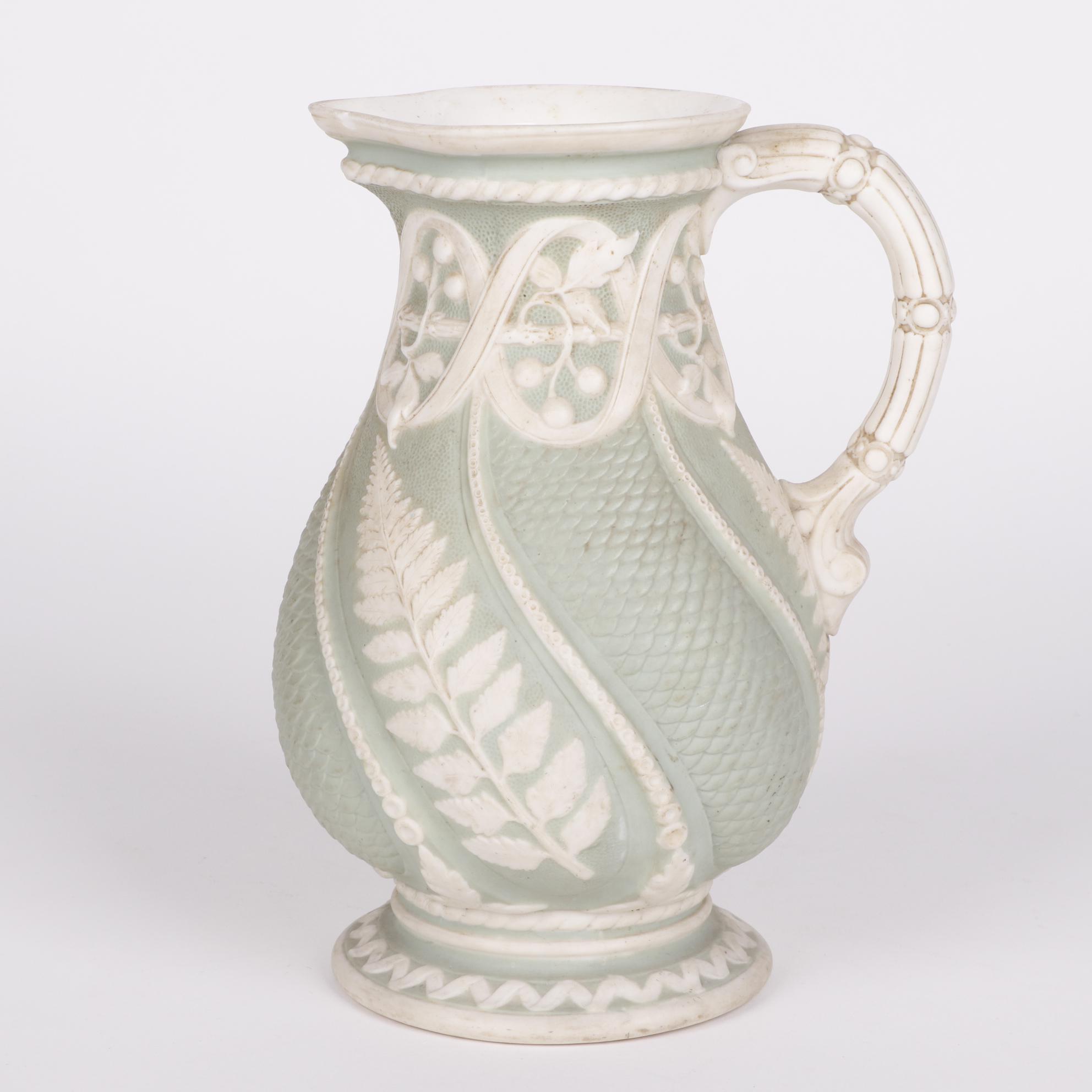English Green Relief Molded Stoneware Jug, 1852