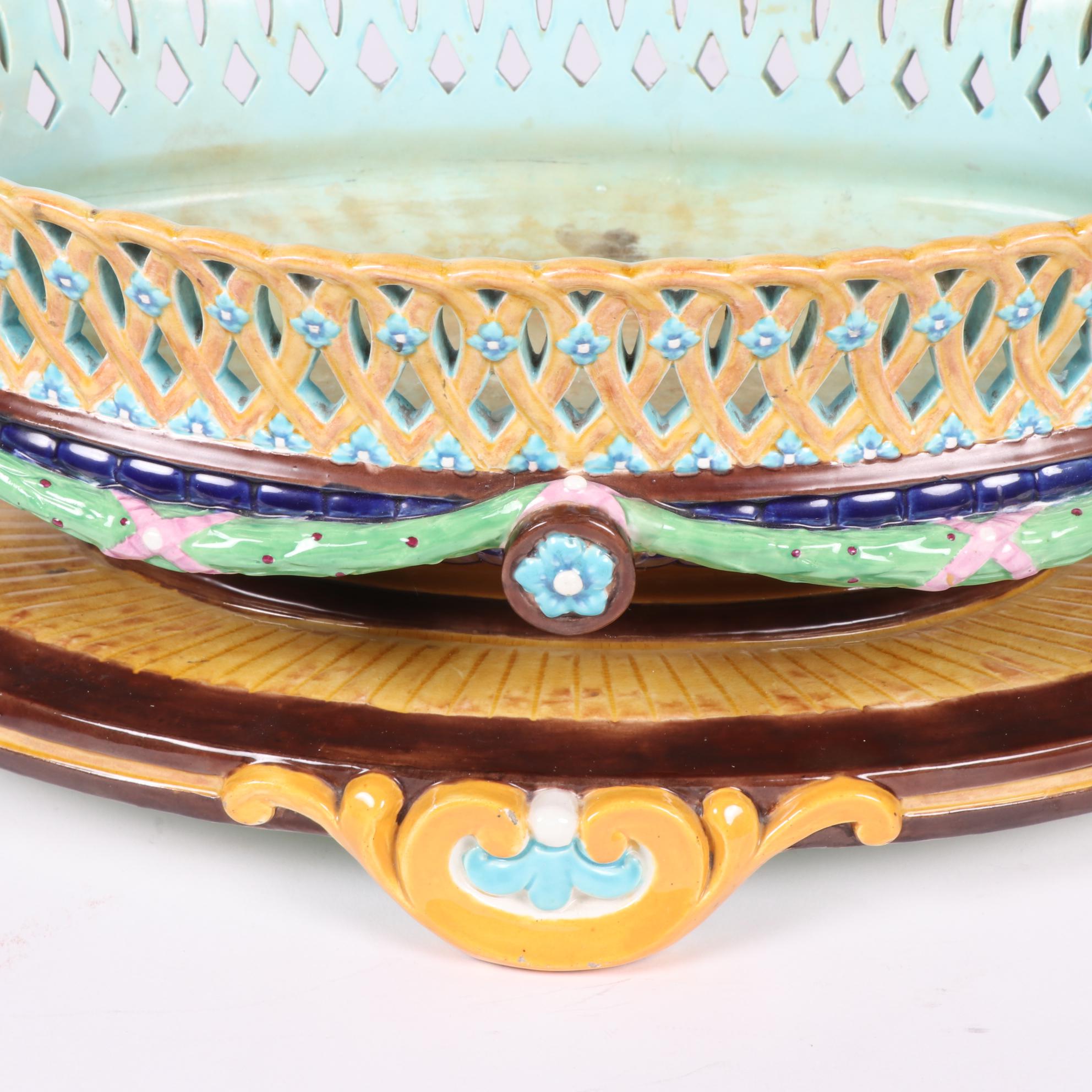 Wedgwood Majolica Polychrome Reticulated Centerpiece, 1865