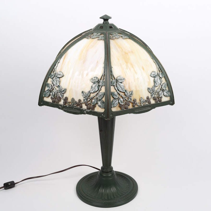 Bradley and Hubbard Slag Glass Table Lamp with Metal Overlay