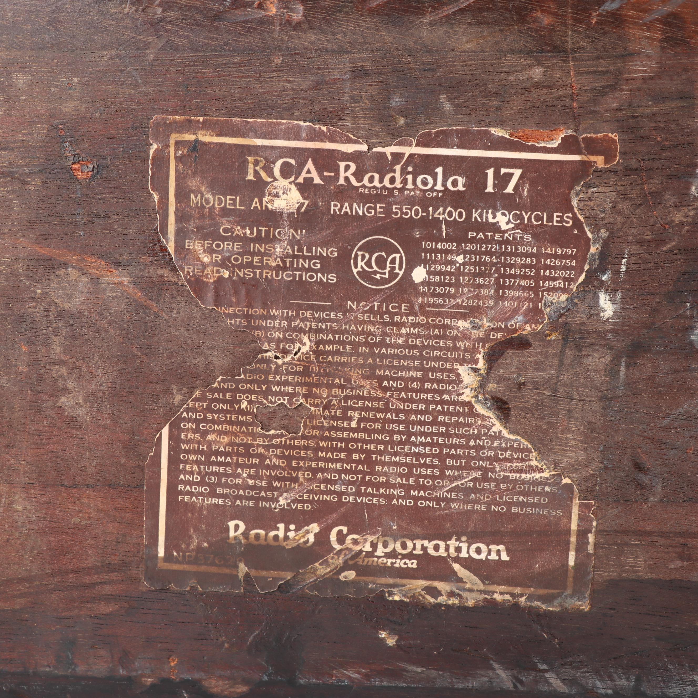 RCA Radiola 17 Model AR-927 Broadcast Receiver Tube Radio, circa 1927