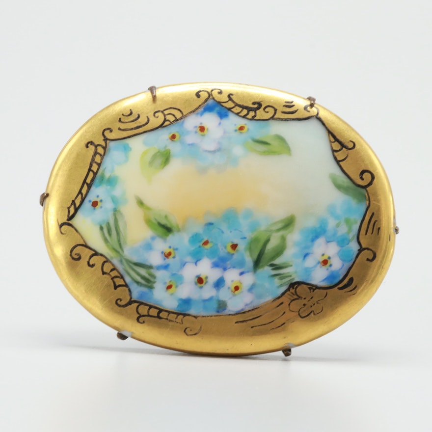 Vintage Porcelain Painted Enameled Brooch