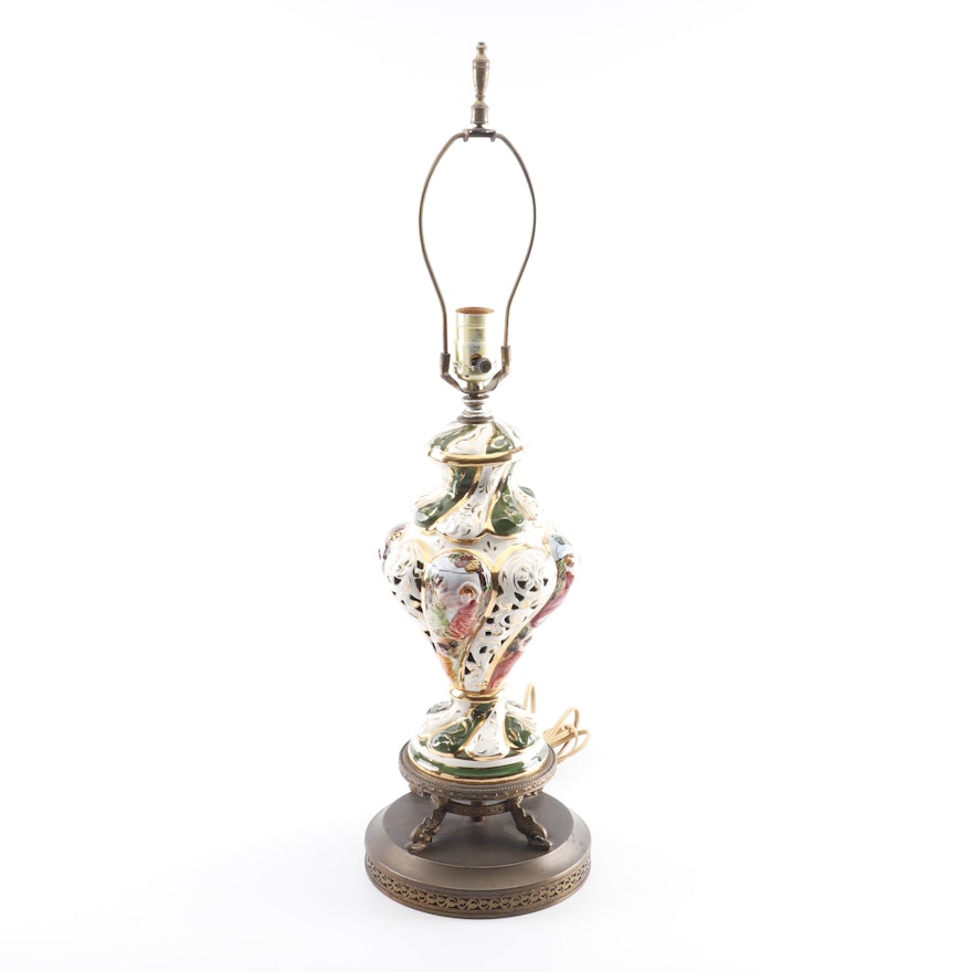 Capodimonte Style Reticulated Porcelain Mounted Urn Table Lamp