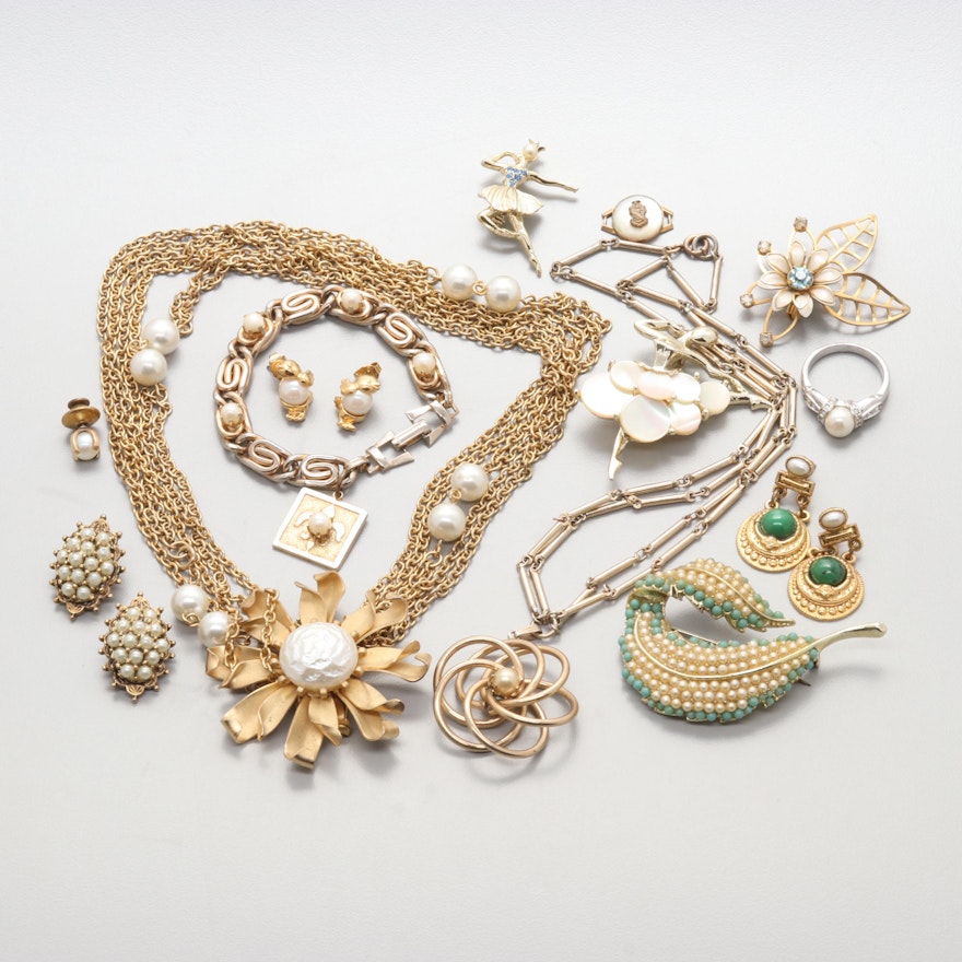 Assortment of Vintage Costume Jewelry with Imitation Pearl and Gemstone