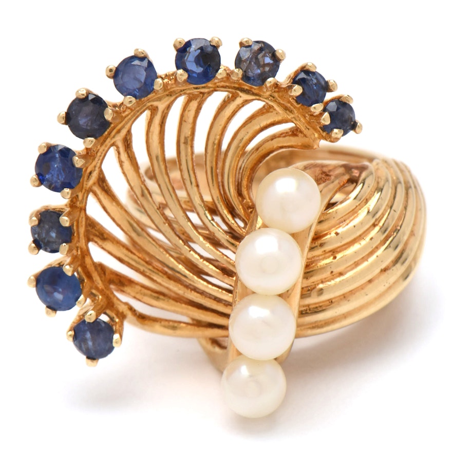 Retro 14K Yellow Gold Cultured Pearl and Blue Sapphire Statement Ring