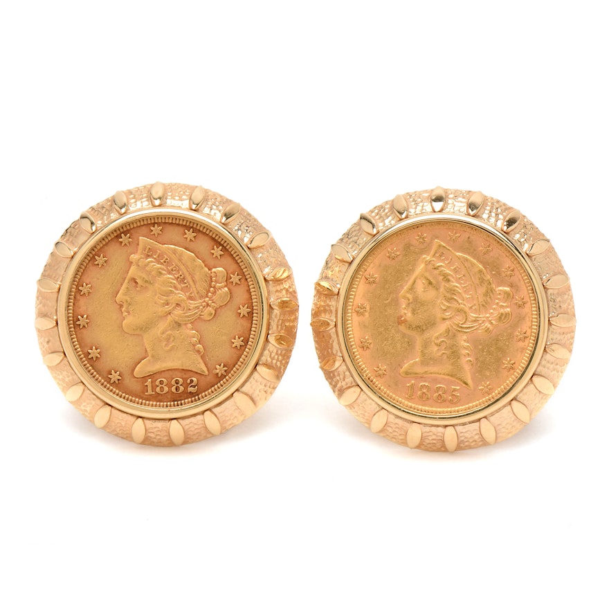 14K Yellow Gold Cufflinks with 1882 and 1885-S $5 Liberty Head Gold Coins